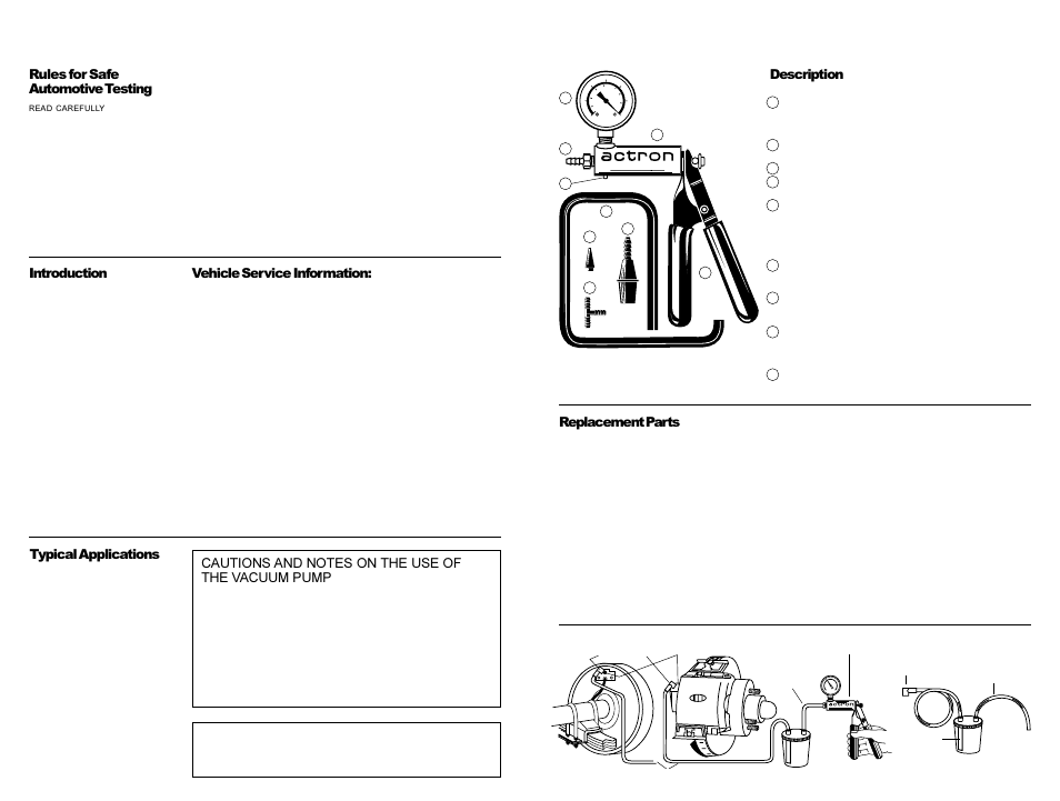 Vacuum pump, Rules for safe automotive testing, Introduction | Vehicle service information, Typical applications, Description, Replacement parts | Actron Brake Bleed Kit CP7835 User Manual | Page 2 / 3