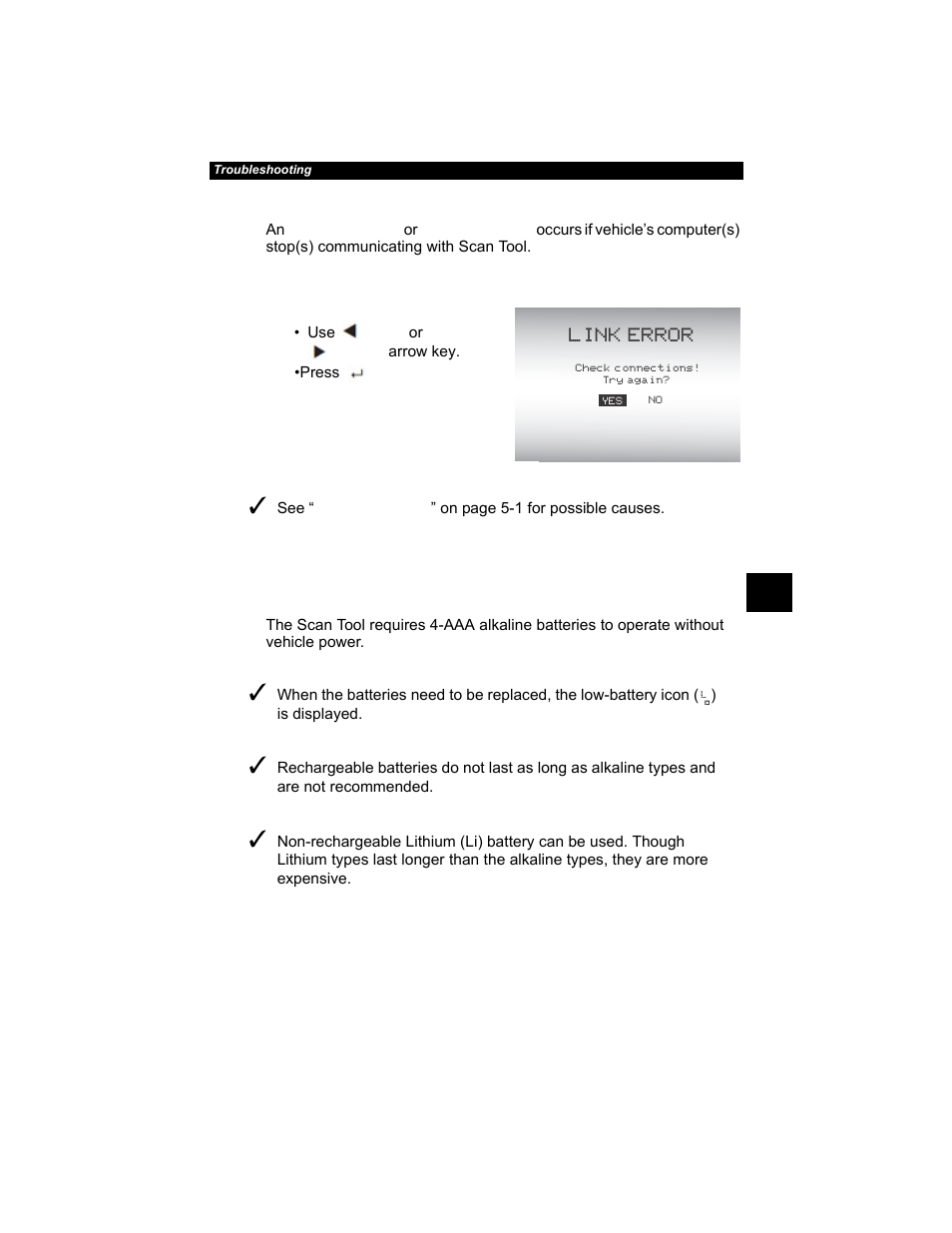 Operating error or erroneous data -3, Operating error or erroneous data, Battery replacement | Actron AutoScanner® Plus CP9580A User Manual | Page 101 / 126