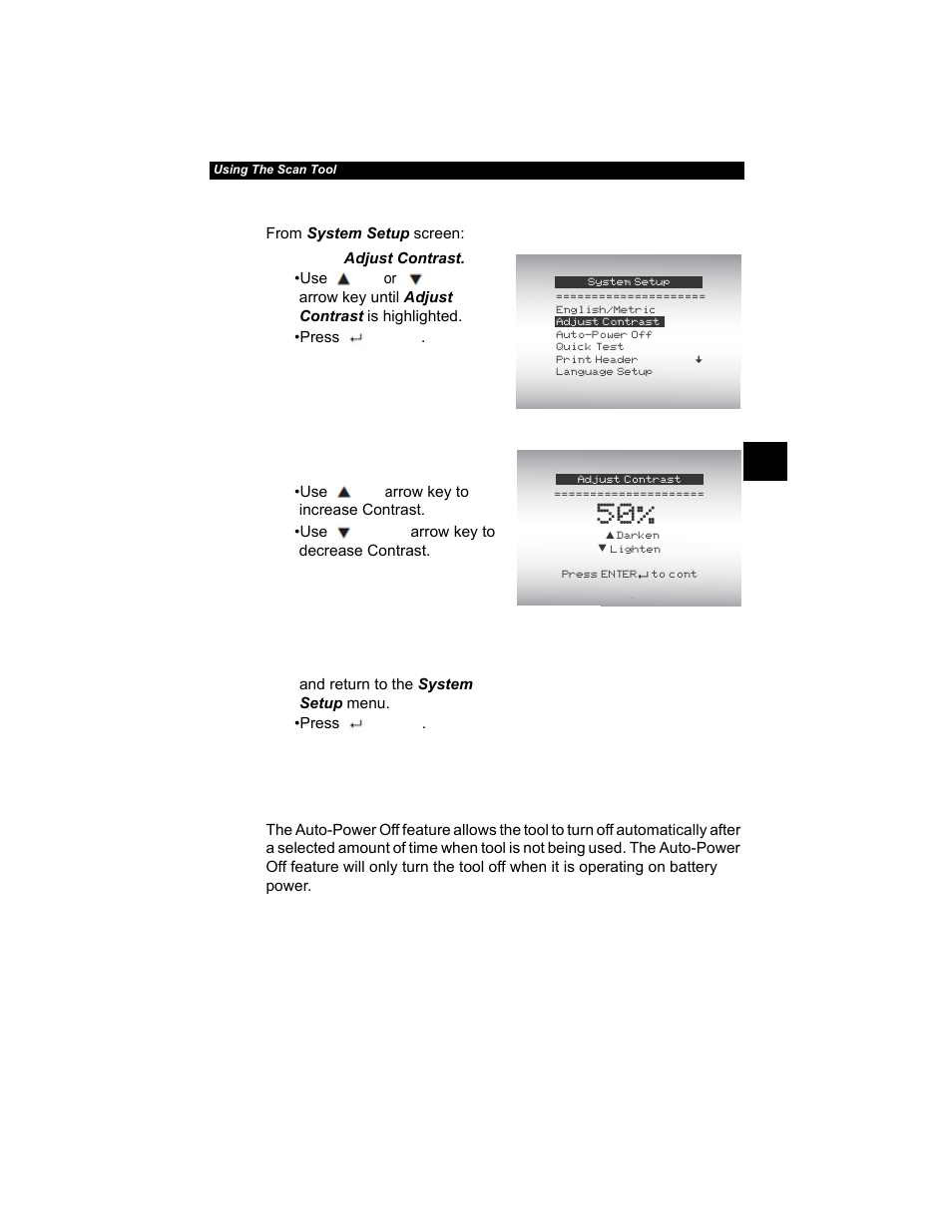 Changing display contrast -7, Changing auto-power off -7, Changing display contrast | Changing auto-power off | Actron AutoScanner® Plus CP9580A User Manual | Page 31 / 126
