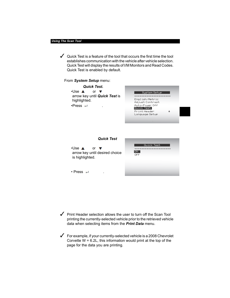 Quick test -9, Print header -9, Quick test | Print header | Actron AutoScanner® Plus CP9580A User Manual | Page 33 / 126