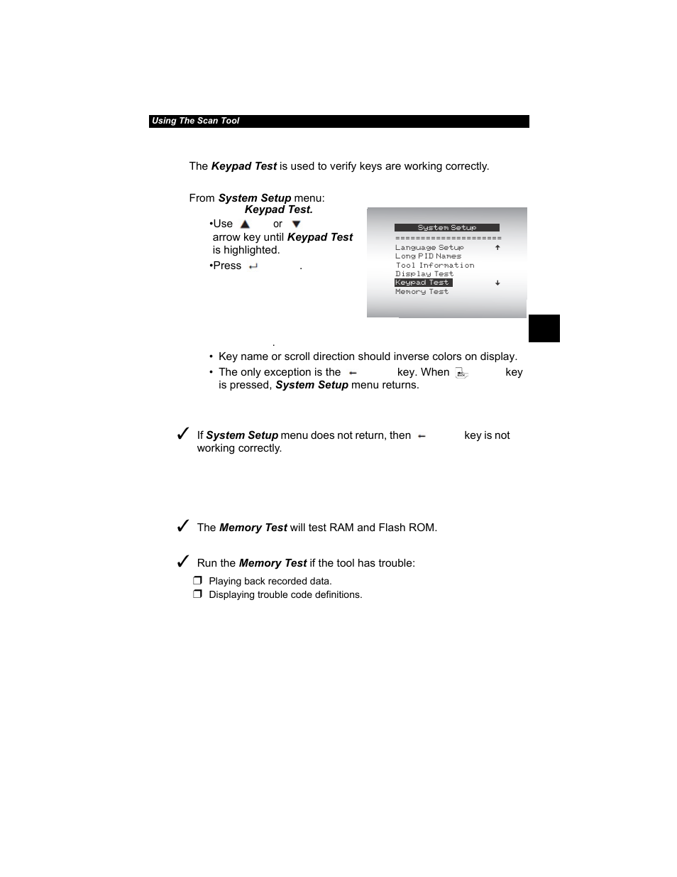 Keypad test -15, Memory test -15, Keypad test | Actron AutoScanner® Plus CP9580A User Manual | Page 39 / 126