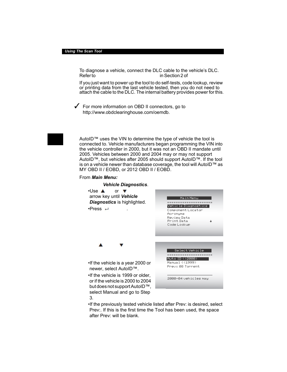 Connecting the scan tool -24, Vehicle selection -24, Connecting the scan tool | Vehicle selection | Actron AutoScanner® Plus CP9580A User Manual | Page 48 / 126