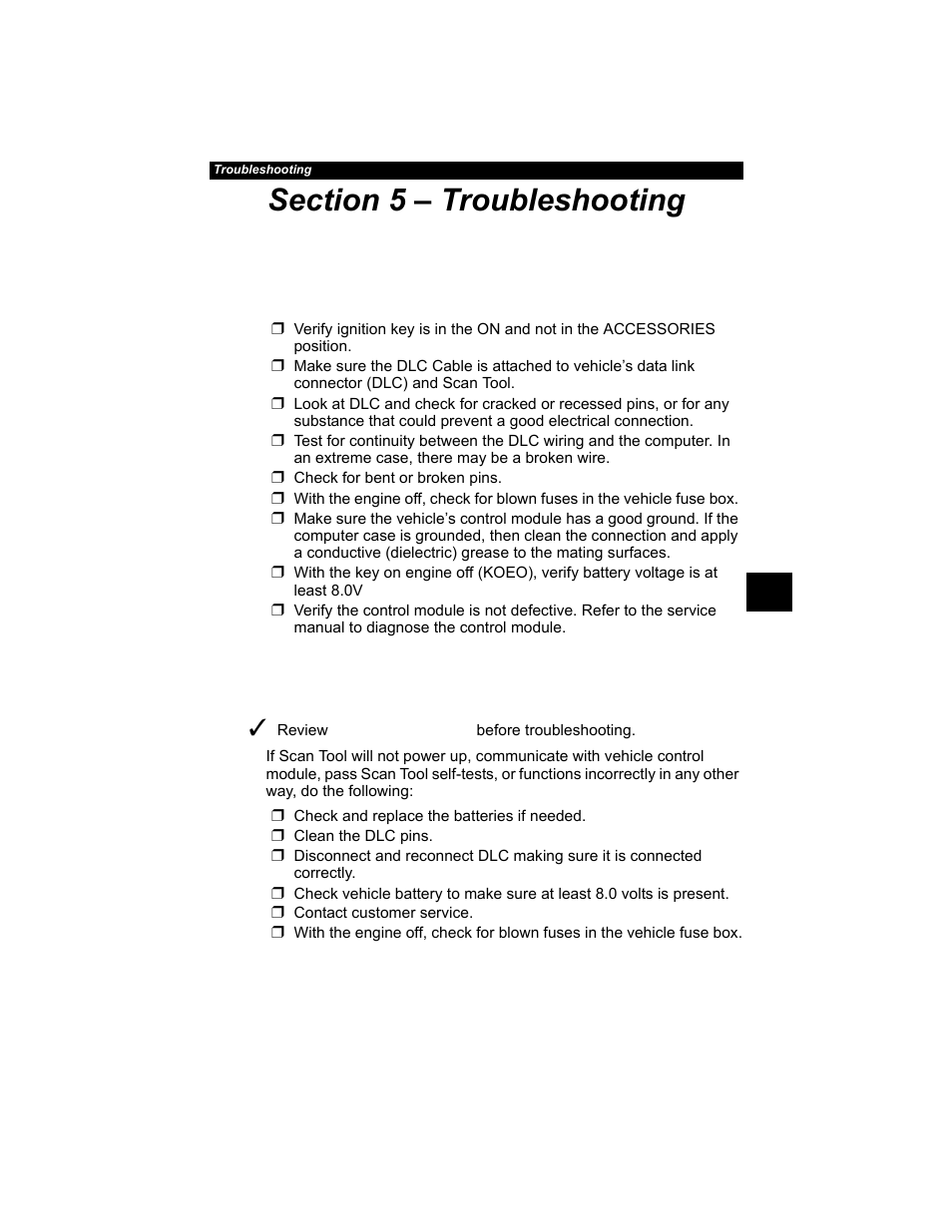 Section 5 – troubleshooting, Error messages -1 scan tool does not power up -1, Error messages | Scan tool does not power up | Actron AutoScanner® Plus CP9580A User Manual | Page 99 / 126