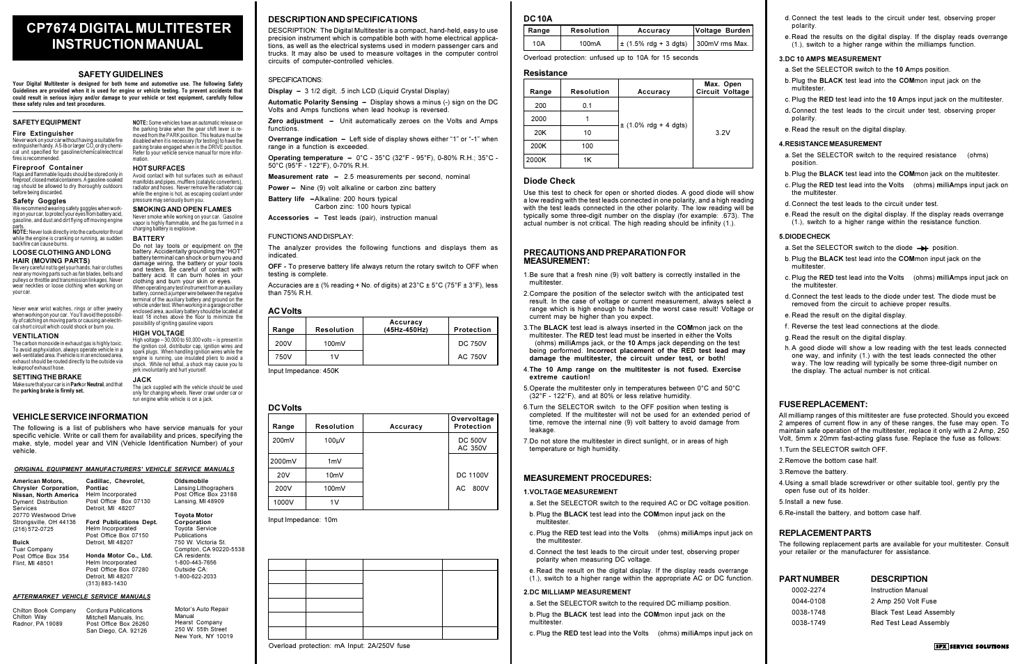 Actron CP7674 Digital Multitester User Manual | 2 pages
