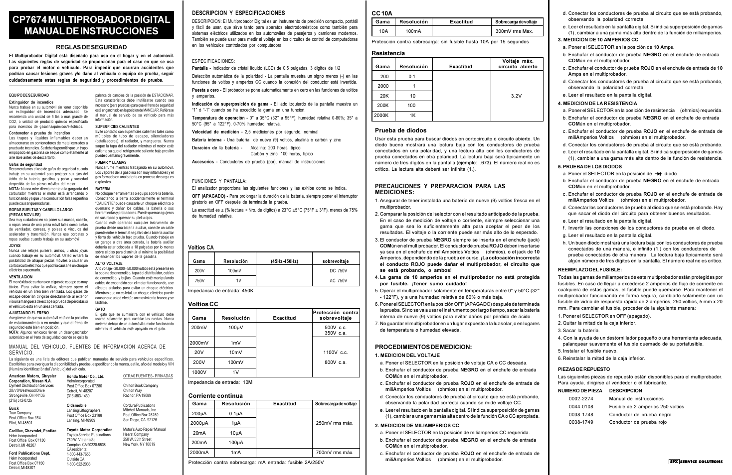 Descripcion y especificaciones, Reglas de seguridad, Corriente continua | Voltios ca, Voltios cc, Cc 10a, Resistencia, Prueba de diodos, Precauciones y preparacion para las mediciones, Procedimientos de medicion | Actron CP7674 Digital Multitester User Manual | Page 2 / 2