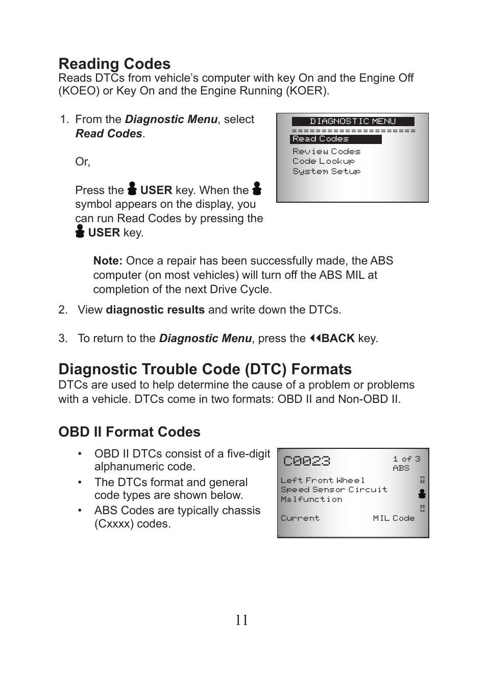 11 reading codes, Diagnostic trouble code (dtc) formats, Obd ii format codes | C0023 | Actron CP9449 ABS BrakeScan User Manual | Page 11 / 16