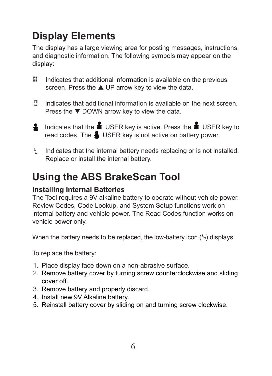 Display elements, Using the abs brakescan tool | Actron CP9449 ABS BrakeScan User Manual | Page 6 / 16