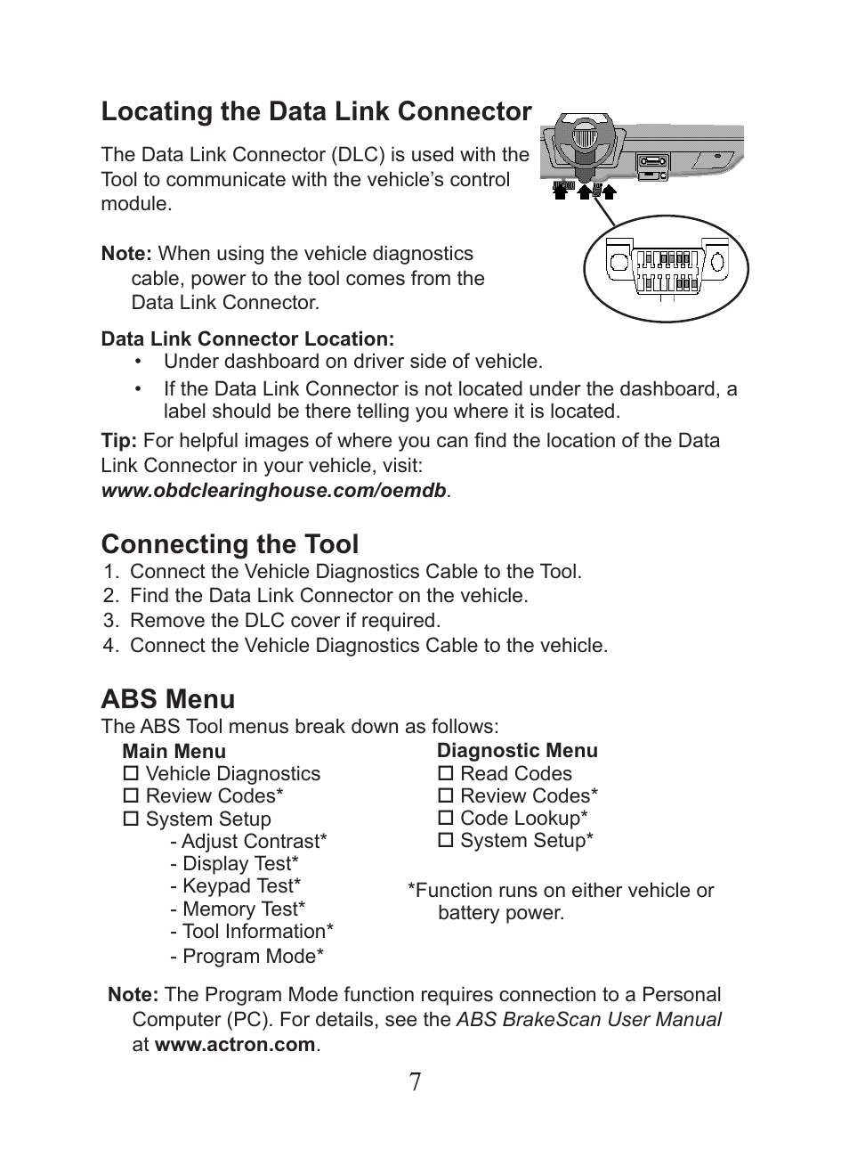 Locating the data link connector, Connecting the tool, Abs menu | Actron CP9449 ABS BrakeScan User Manual | Page 7 / 16