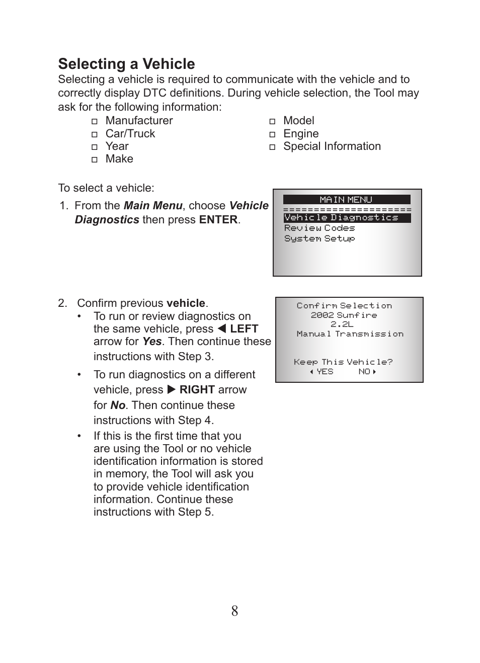 8selecting a vehicle | Actron CP9449 ABS BrakeScan User Manual | Page 8 / 16