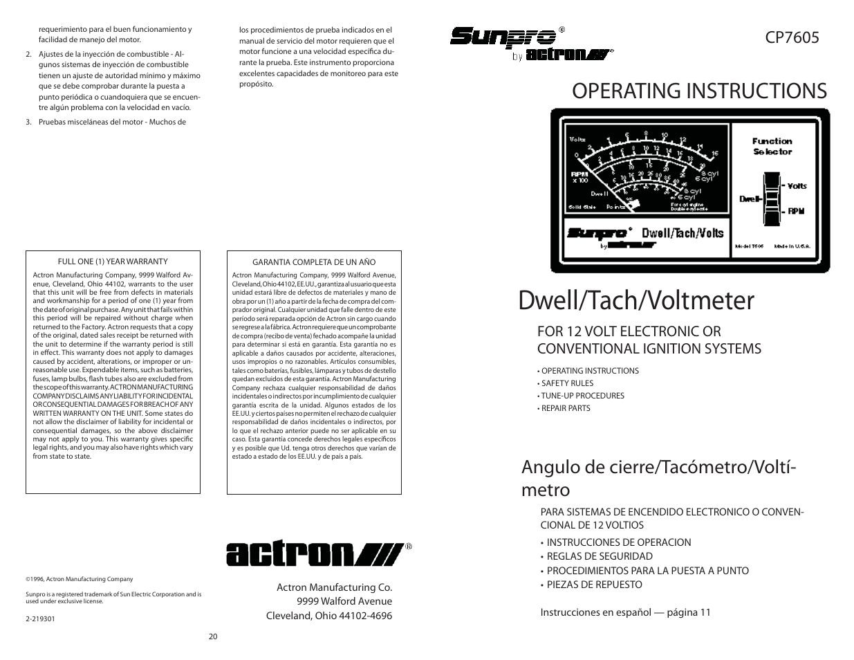 Actron Dwell__Volt Analyzer CP7605 User Manual | 10 pages