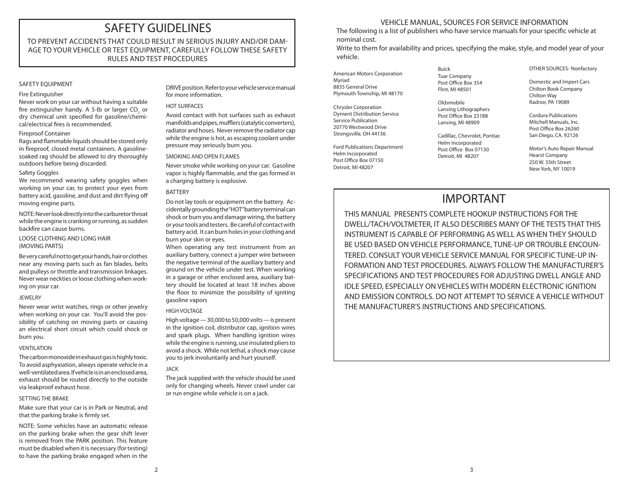Safety guidelines, Important | Actron Dwell__Volt Analyzer CP7605 User Manual | Page 2 / 10