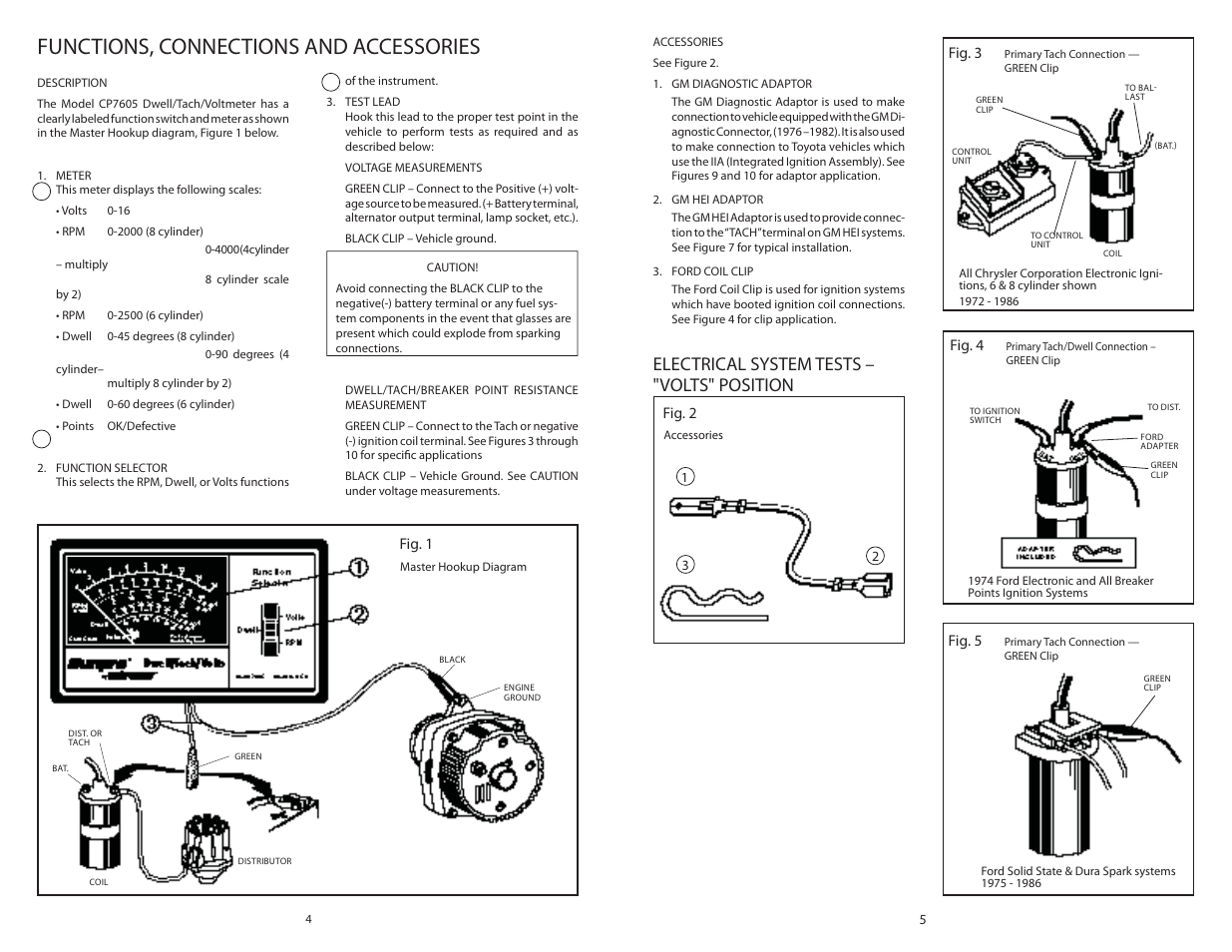 Functions, connections and accessories, Electrical system tests – "volts" position | Actron Dwell__Volt Analyzer CP7605 User Manual | Page 3 / 10
