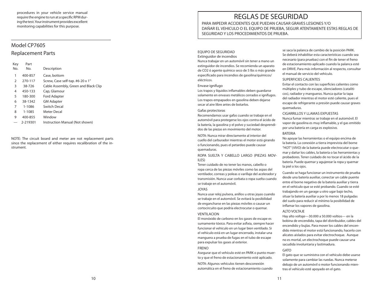 Reglas de seguridad, Model cp7605 replacement parts | Actron Dwell__Volt Analyzer CP7605 User Manual | Page 6 / 10
