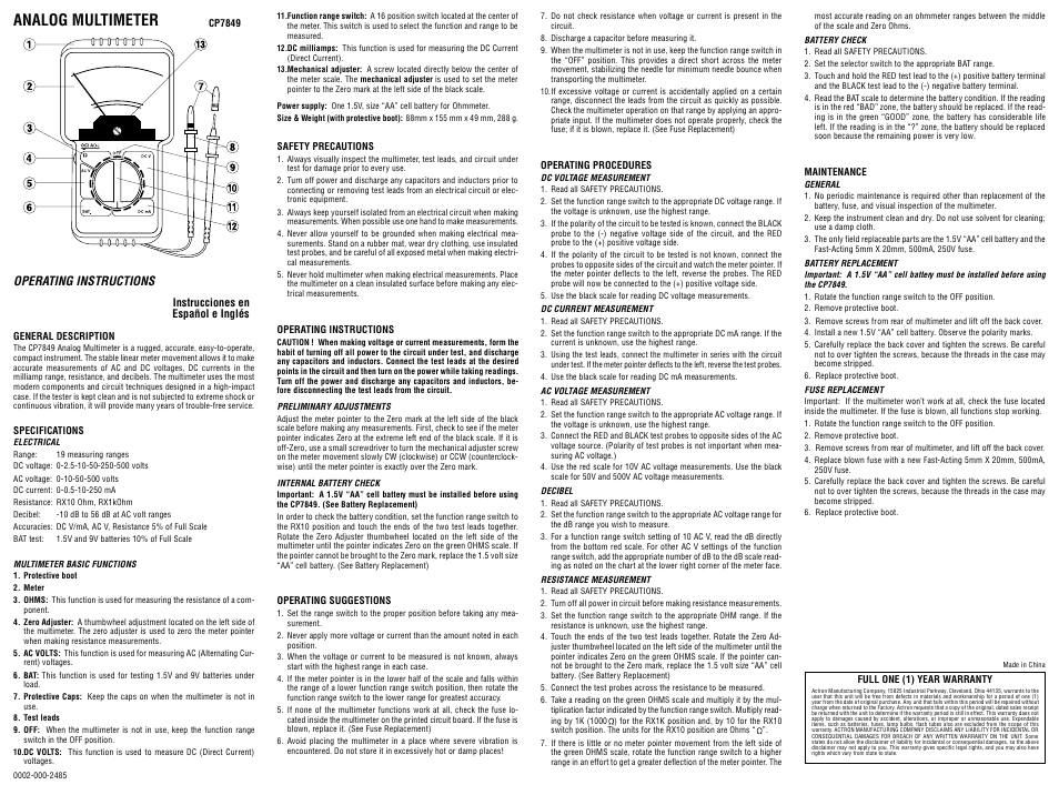 Actron Analog Multimeter CP7849 User Manual | 1 page