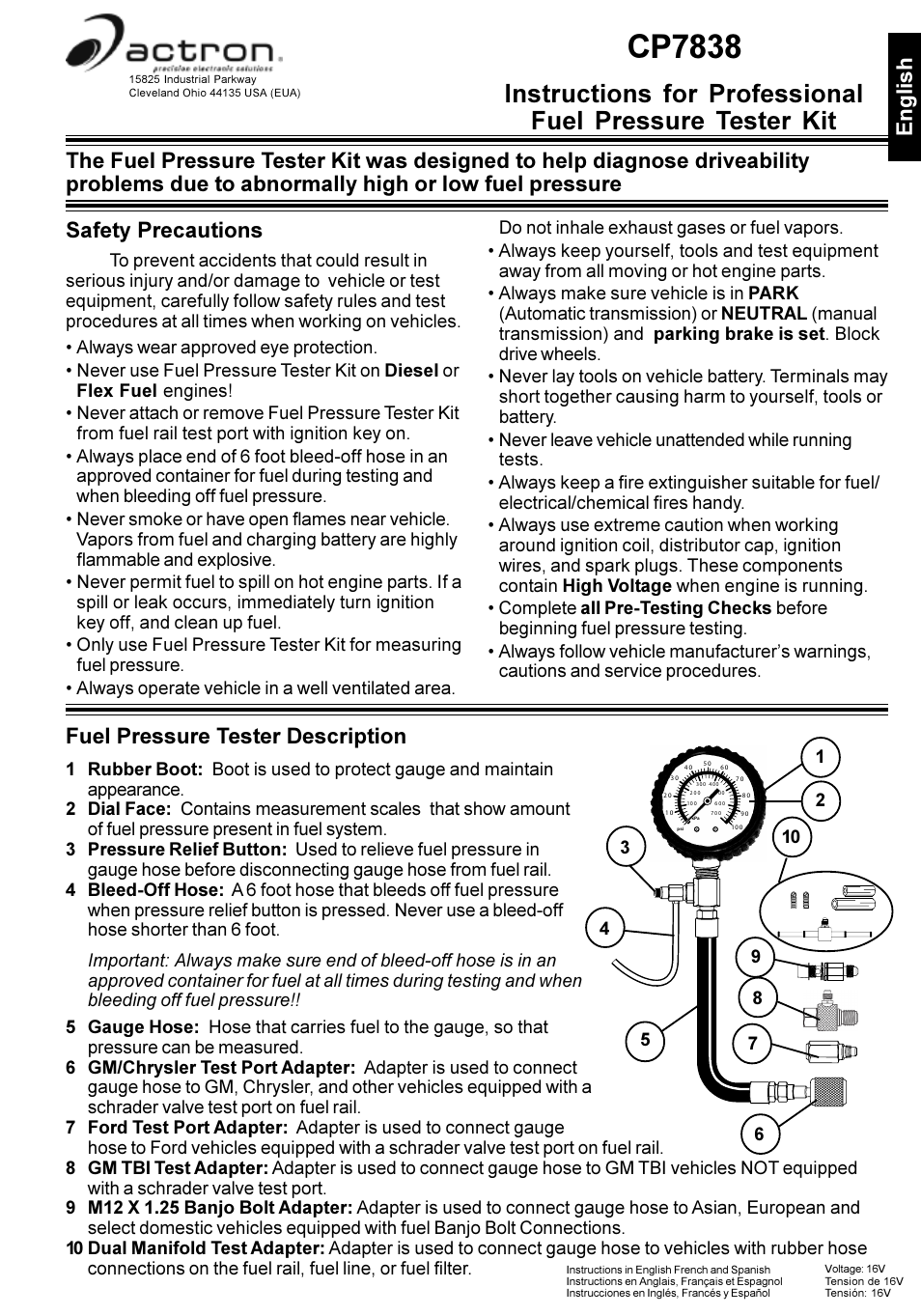 Actron Professional Fuel Pressure Tester Kit CP7838 User Manual | 8 pages