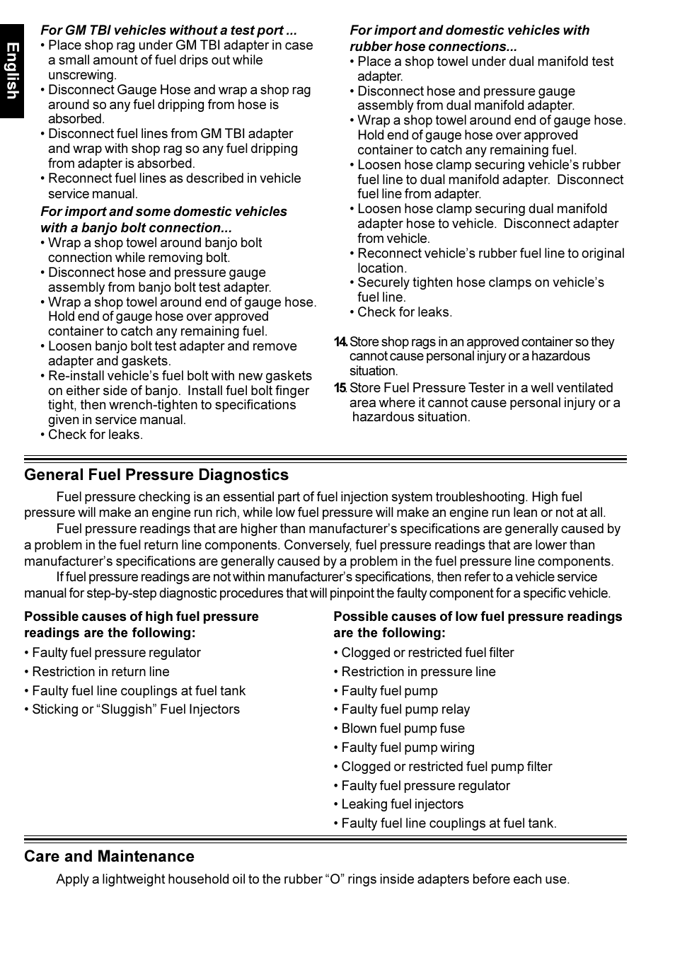 English, General fuel pressure diagnostics, Care and maintenance | Actron Professional Fuel Pressure Tester Kit CP7838 User Manual | Page 6 / 8