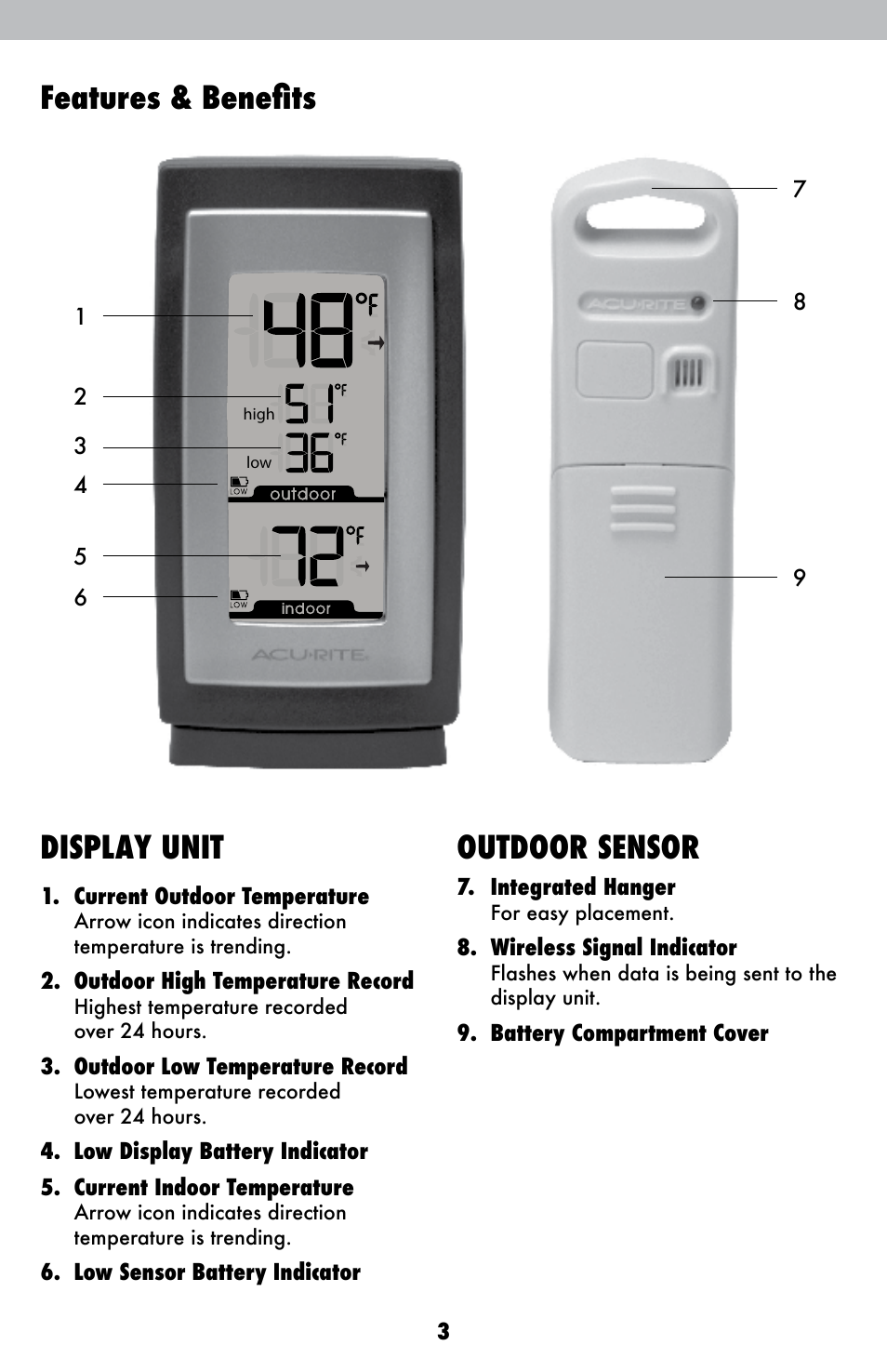 Features & benefits, Display unit, Outdoor sensor | AcuRite 00831 Thermometer User Manual | Page 3 / 10