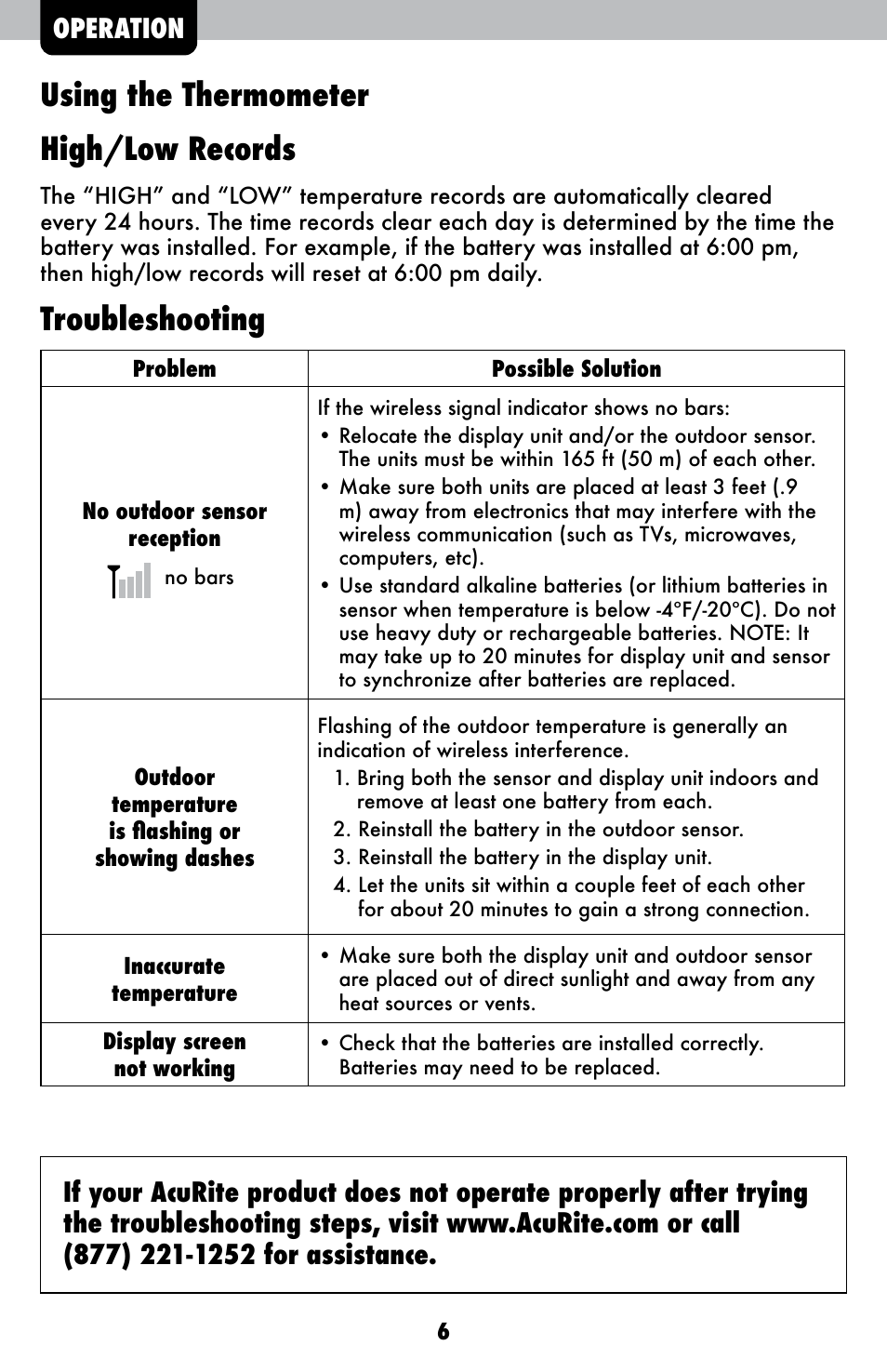 Using the thermometer high/low records, Troubleshooting, Operation | AcuRite 00831 Thermometer User Manual | Page 6 / 10