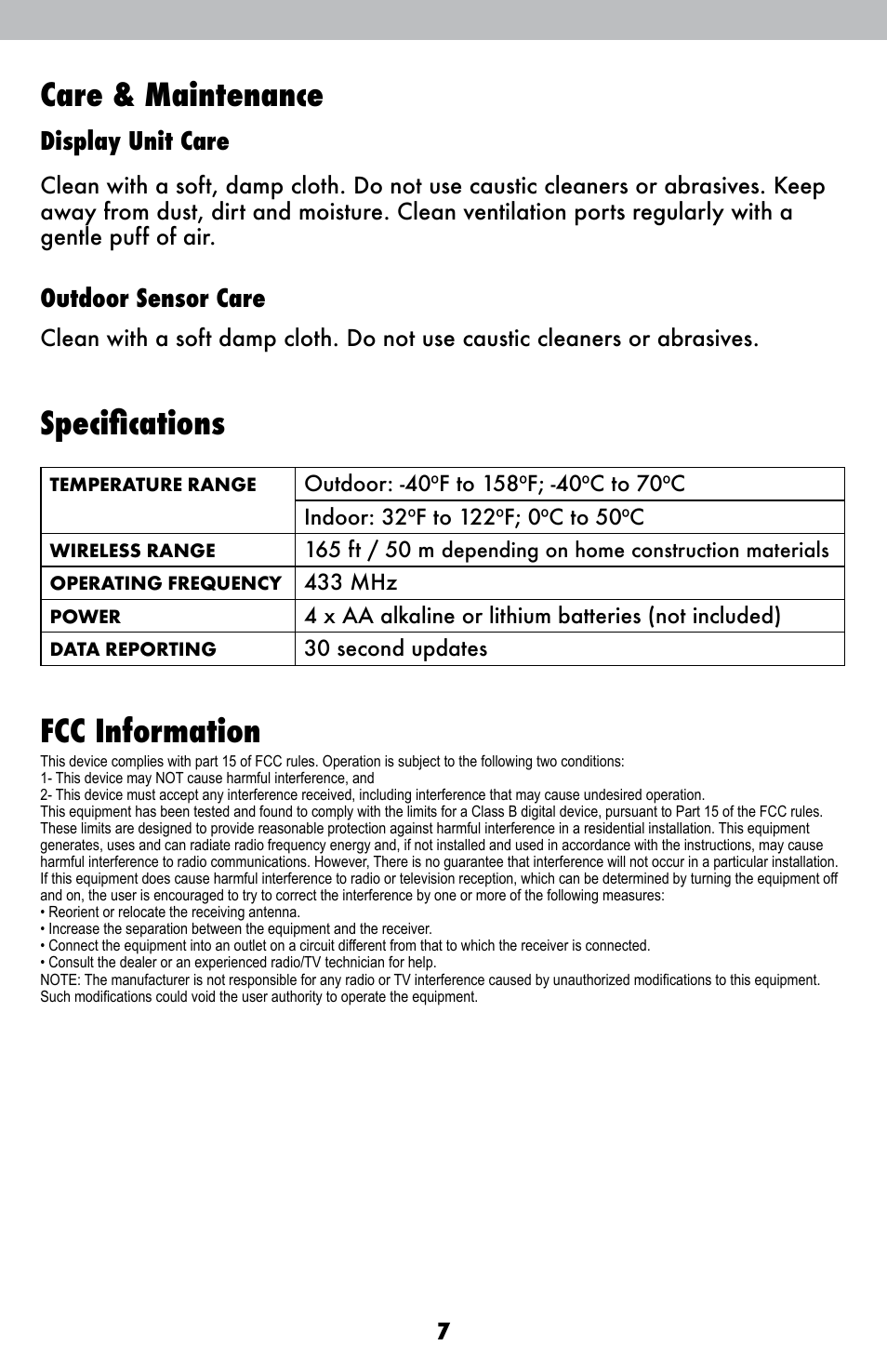 Care & maintenance, Specifications, Fcc information | Display unit care, Outdoor sensor care | AcuRite 00831 Thermometer User Manual | Page 7 / 10