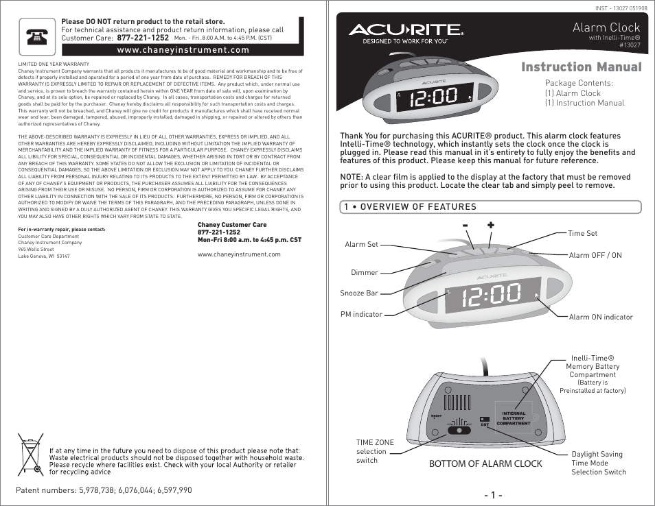 AcuRite 13027 Alarm Clock User Manual | 2 pages