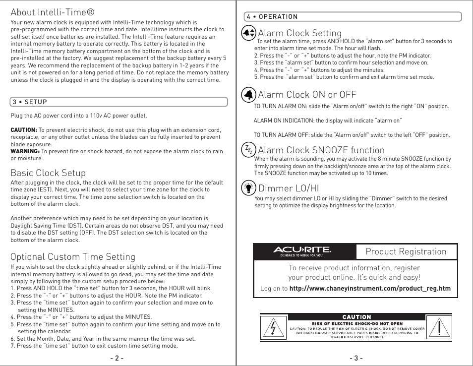 13027 - inst08 pg2.pdf, Dimmer lo/hi alarm clock setting, Alarm clock on or off | Alarm clock snooze function, Product registration | AcuRite 13027 Alarm Clock User Manual | Page 2 / 2