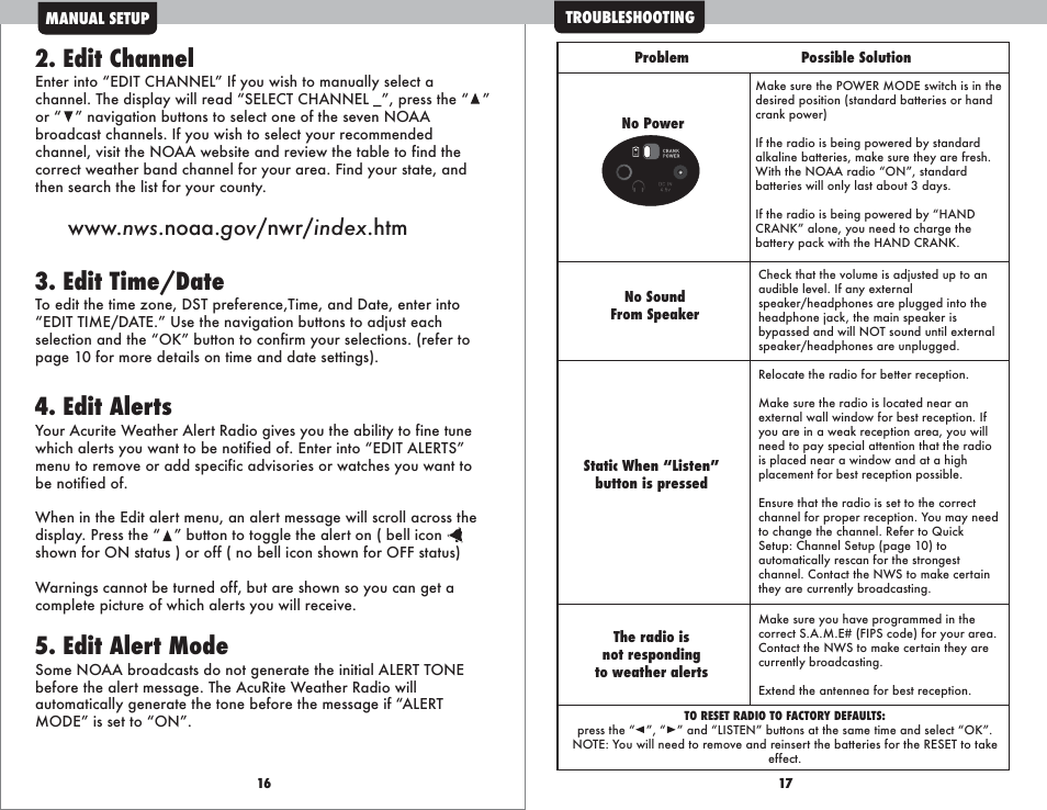 Edit channel, Edit time/date, Edit alerts | Edit alert mode | AcuRite 08560 Weather Radio User Manual | Page 10 / 14