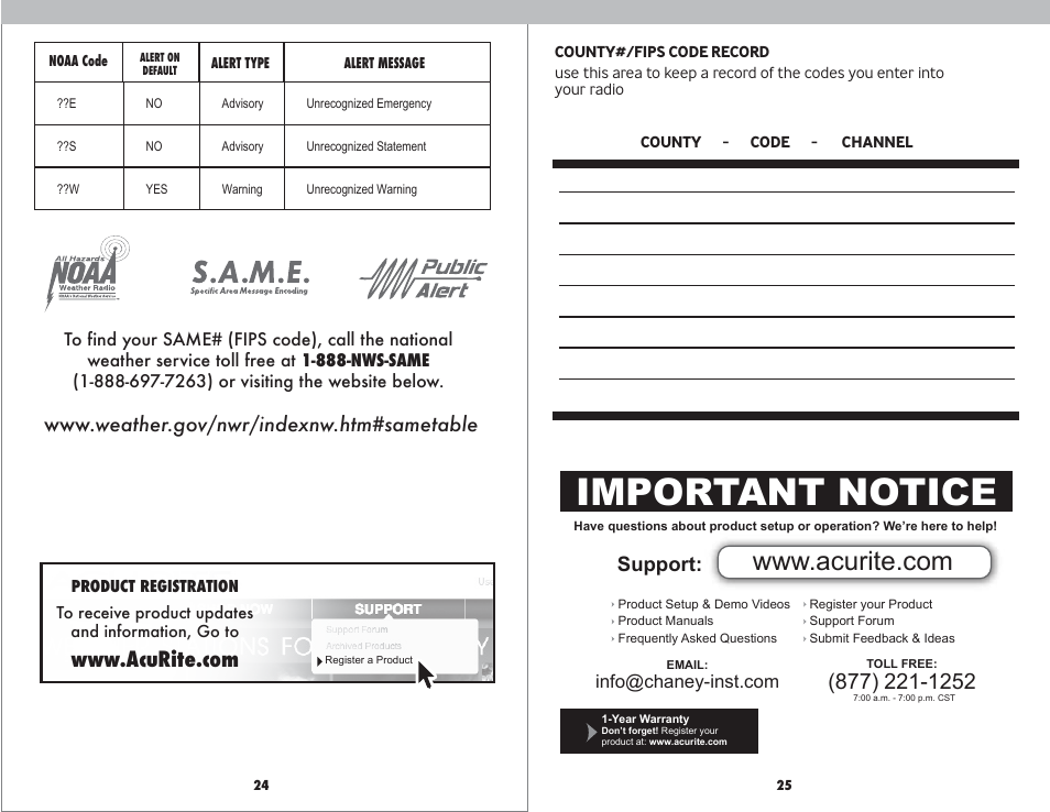 Important notice, Support | AcuRite 08560 Weather Radio User Manual | Page 14 / 14