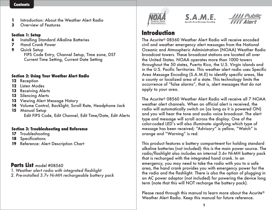 Introduction, Parts list | AcuRite 08560 Weather Radio User Manual | Page 2 / 14