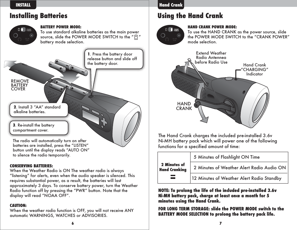 Installing batteries, Using the hand crank | AcuRite 08560 Weather Radio User Manual | Page 5 / 14