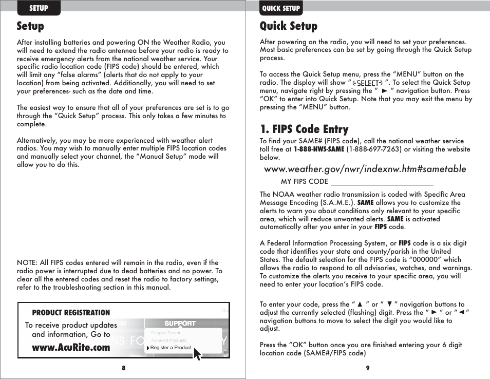 Quick setup, Setup, Fips code entry | AcuRite 08560 Weather Radio User Manual | Page 6 / 14