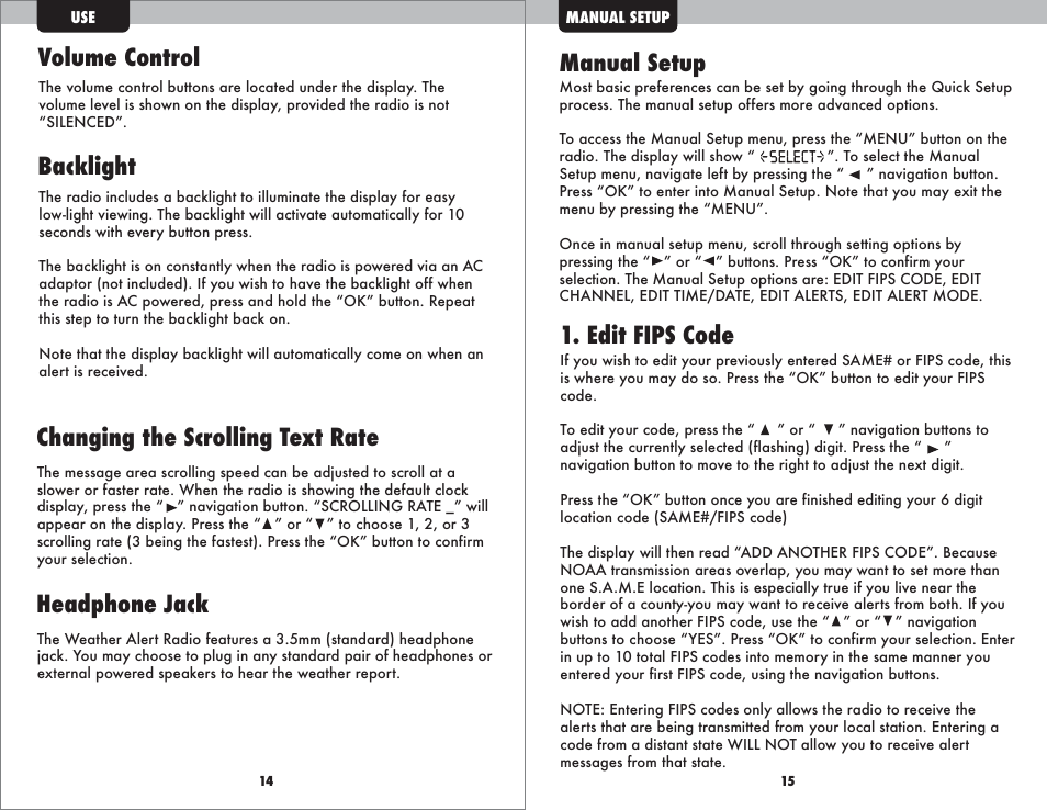 Volume control, Manual setup 1. edit fips code, Backlight | Changing the scrolling text rate, Headphone jack | AcuRite 08560 Weather Radio User Manual | Page 9 / 14