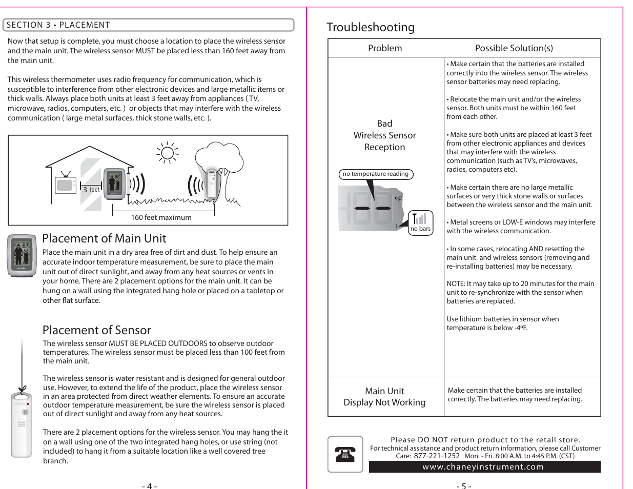 Placement of main unit, Placement of sensor, Troubleshooting | AcuRite 00536 Thermometer User Manual | Page 3 / 4