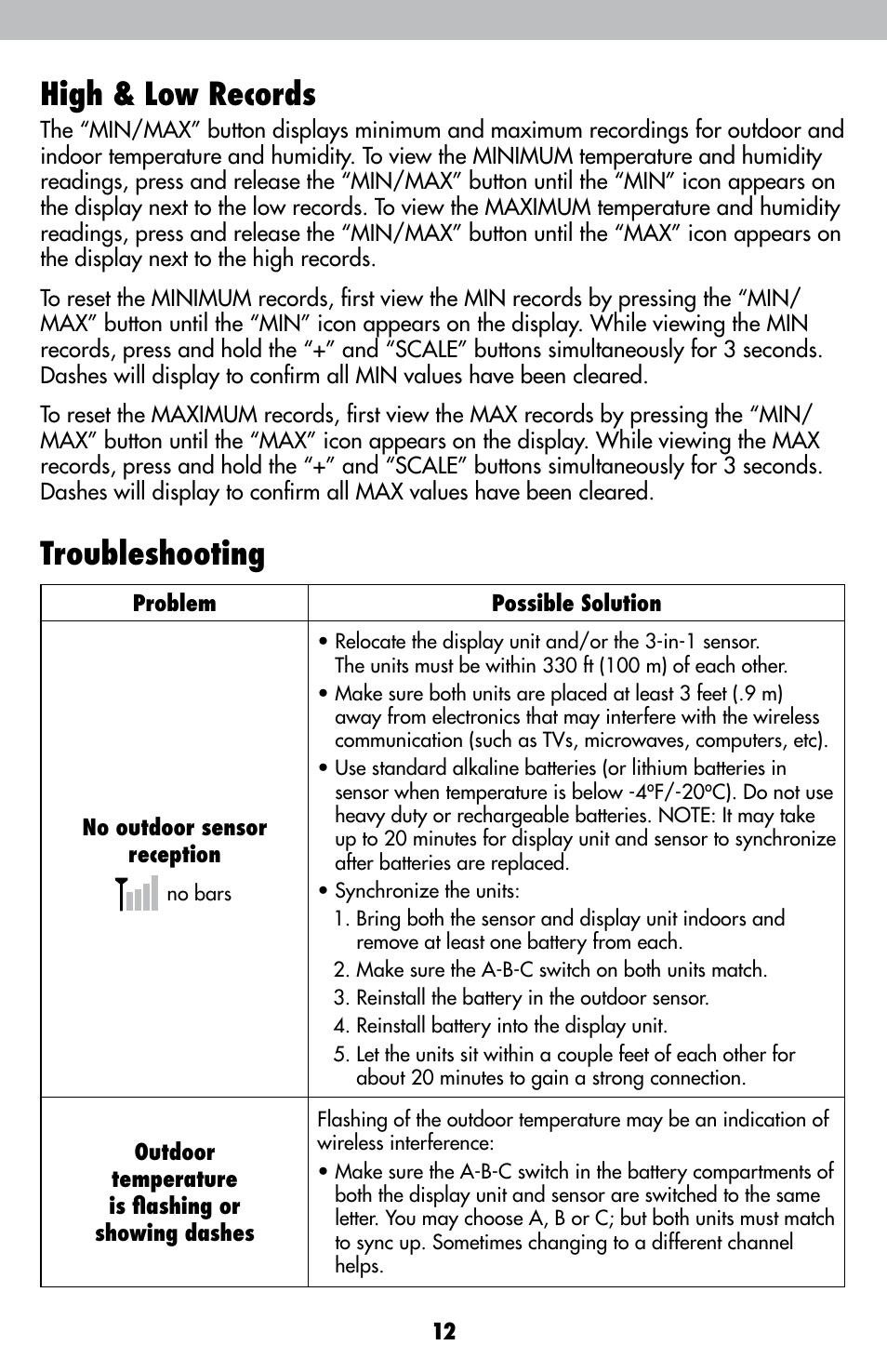 High & low records, Troubleshooting | AcuRite 00638 Weather Station User Manual | Page 12 / 16