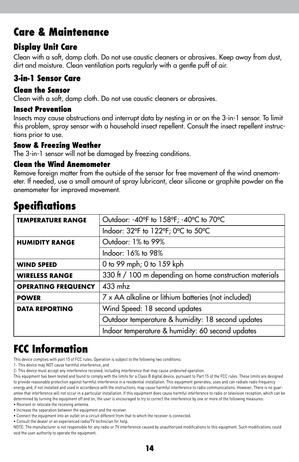 Fcc information, Specifications care & maintenance | AcuRite 00638 Weather Station User Manual | Page 14 / 16