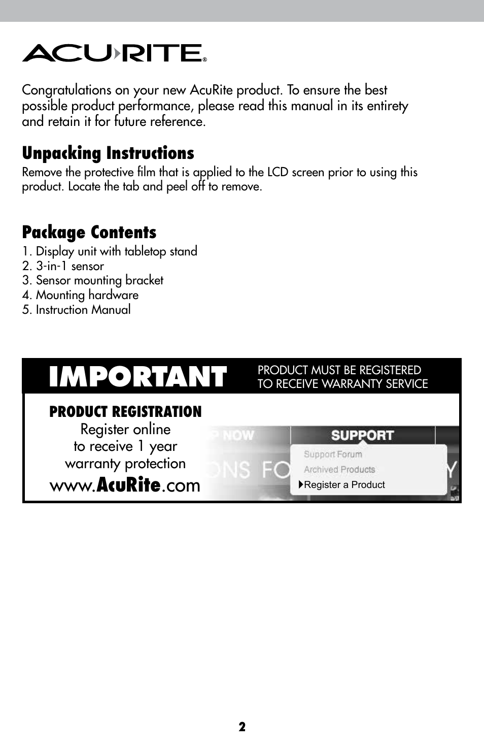 Important, Unpacking instructions, Package contents | AcuRite 00638 Weather Station User Manual | Page 2 / 16