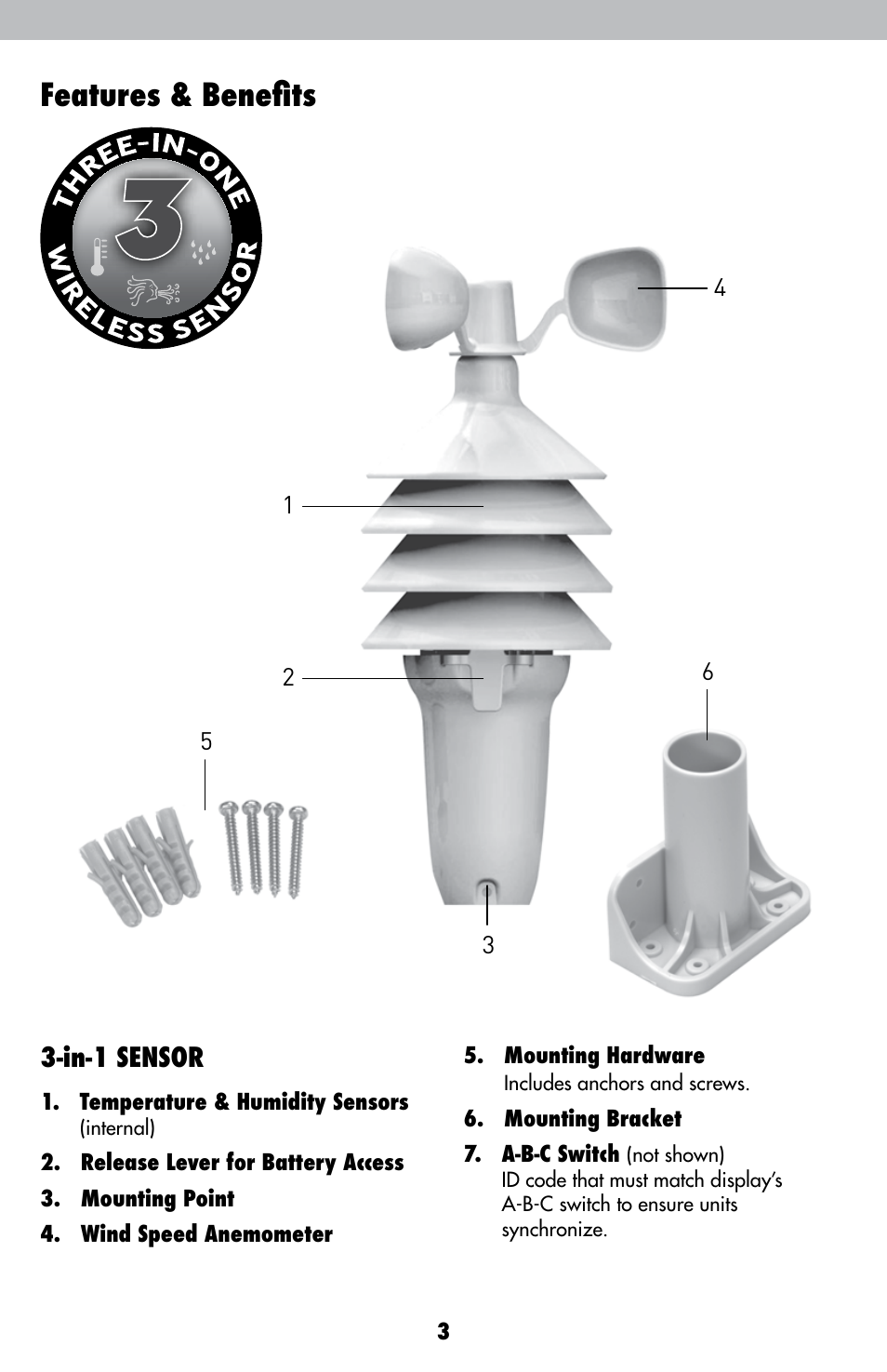 Features & benefits, In-1 sensor | AcuRite 00638 Weather Station User Manual | Page 3 / 16