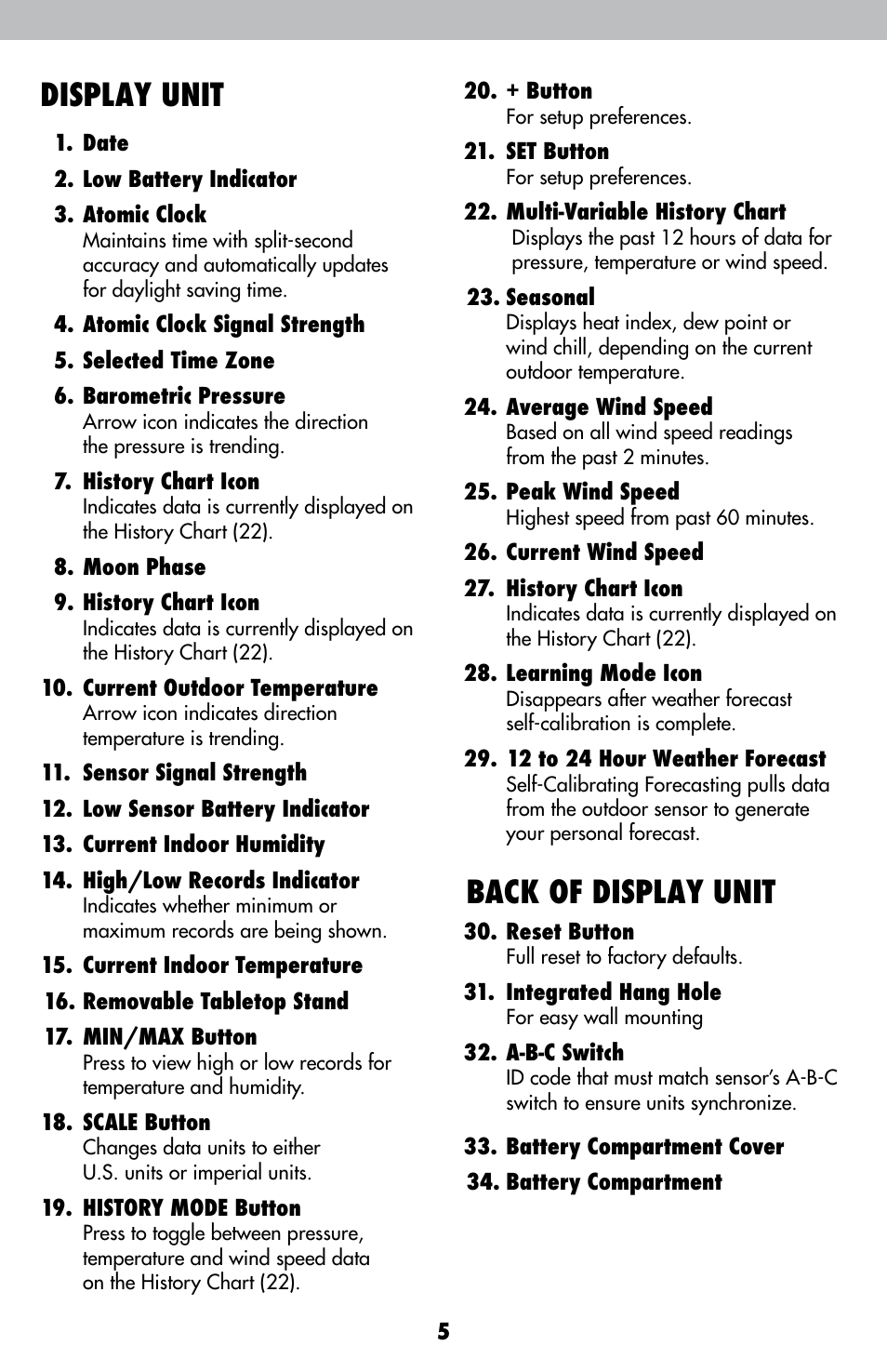 Display unit, Back of display unit | AcuRite 00638 Weather Station User Manual | Page 5 / 16