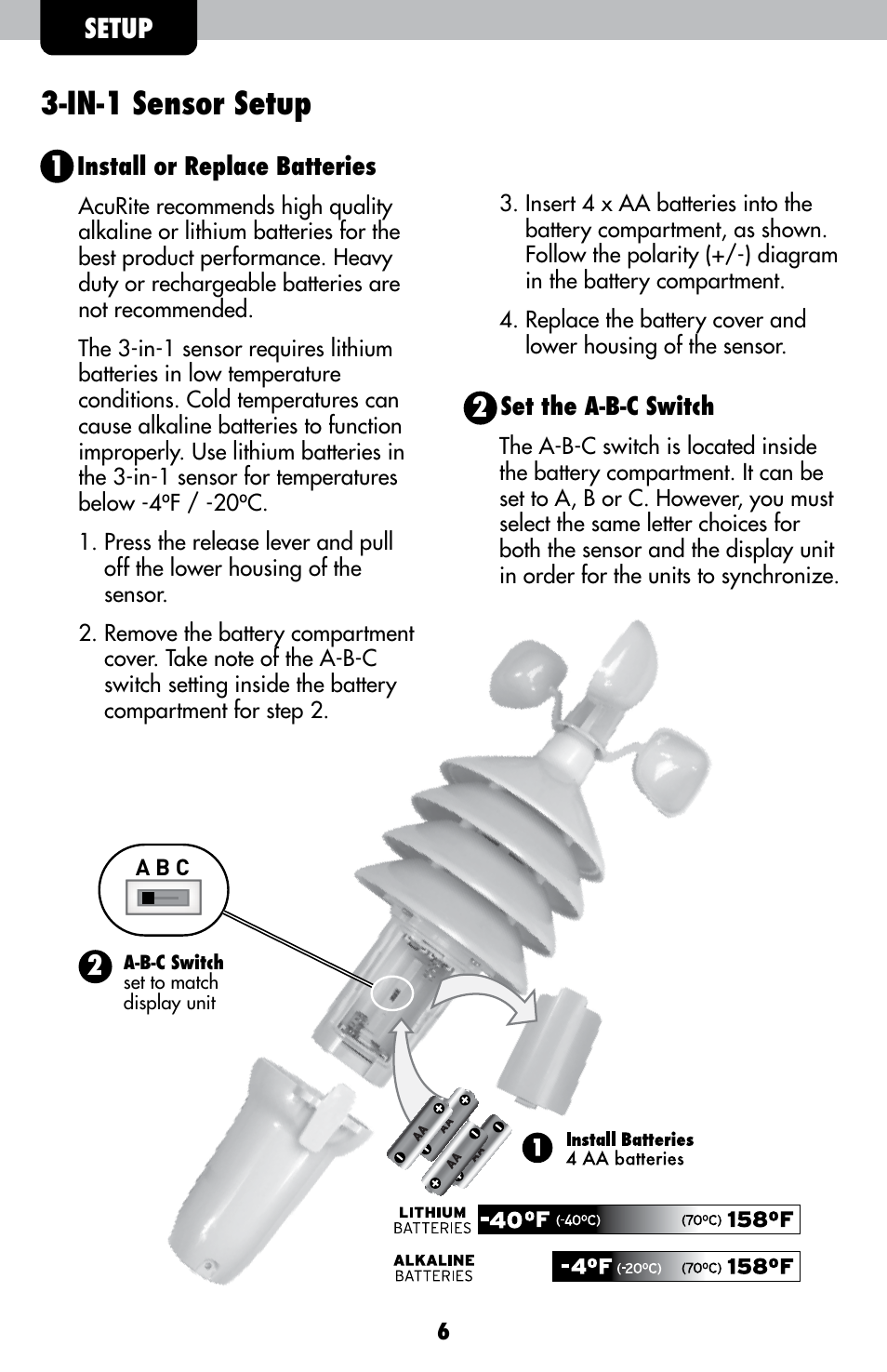 In-1 sensor setup, Setup | AcuRite 00638 Weather Station User Manual | Page 6 / 16