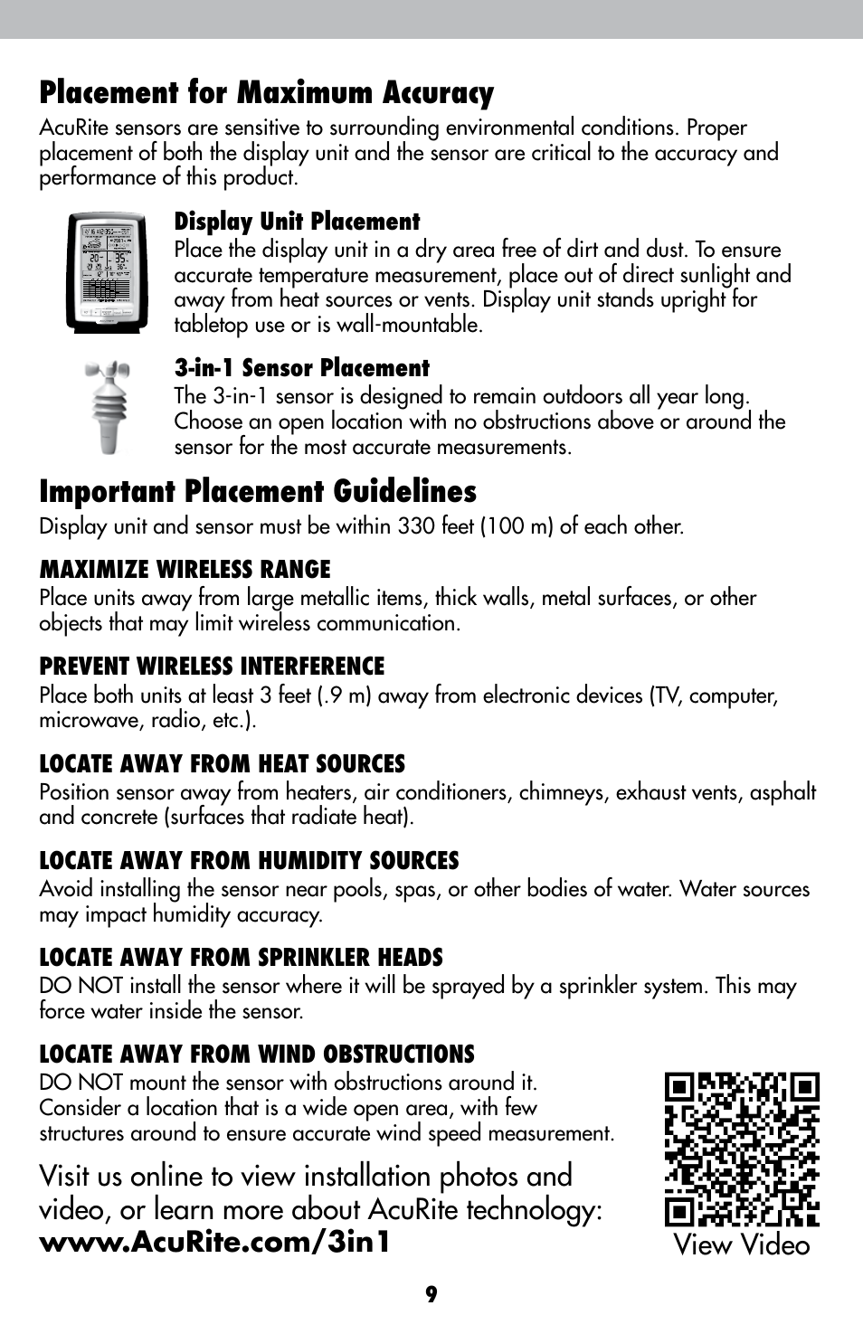 Placement for maximum accuracy, Important placement guidelines | AcuRite 00638 Weather Station User Manual | Page 9 / 16