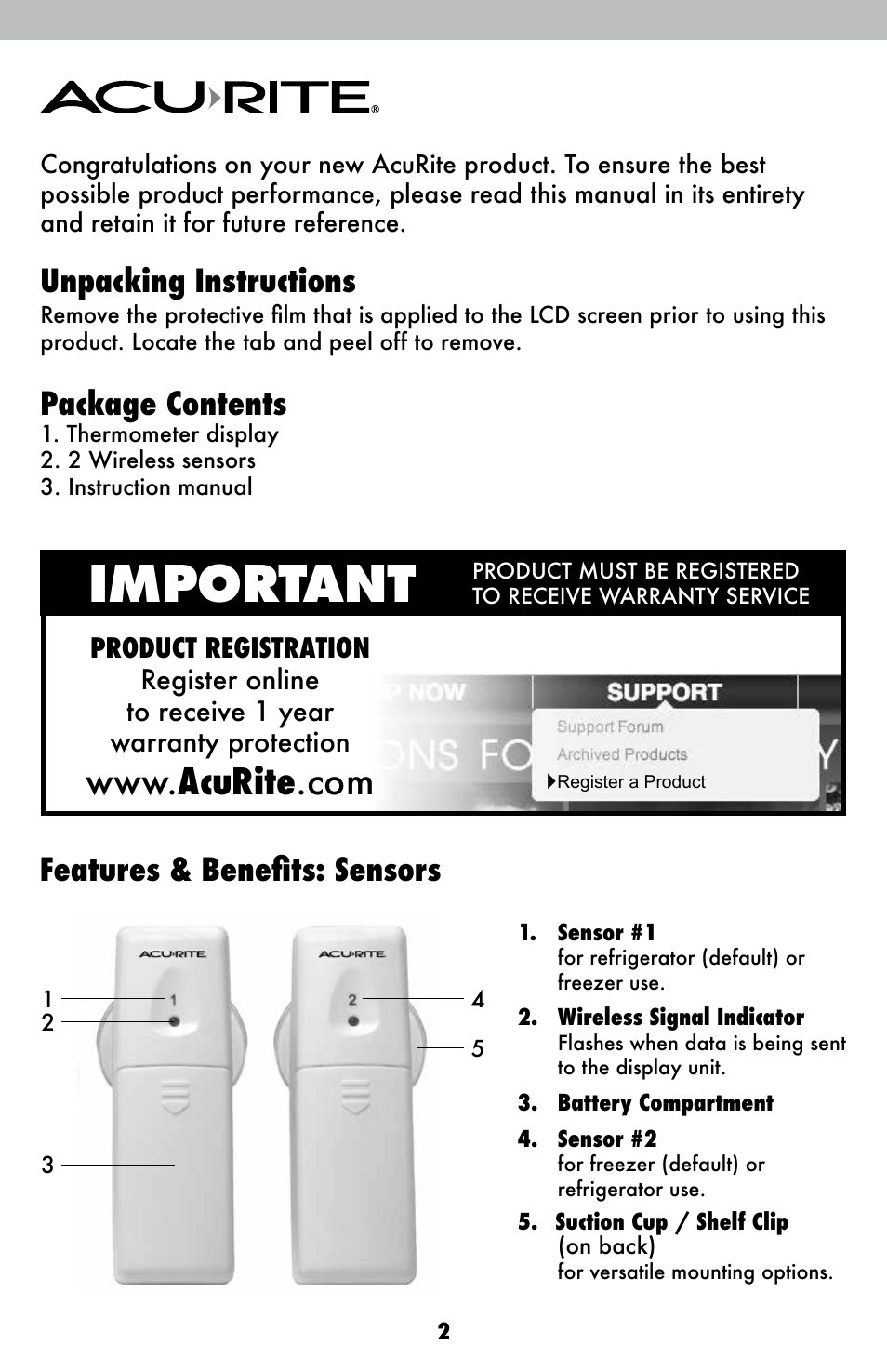 Important, Unpacking instructions, Package contents | Features & benefits: sensors | AcuRite 00986 Thermometer User Manual | Page 2 / 10