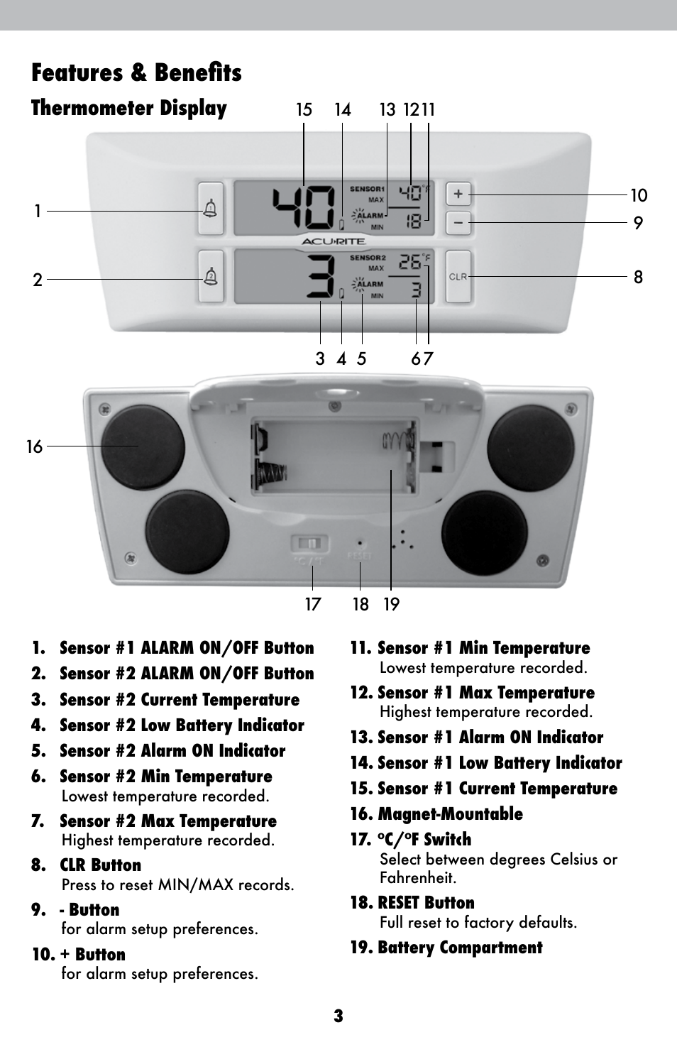 Features & benefits, Thermometer display | AcuRite 00986 Thermometer User Manual | Page 3 / 10