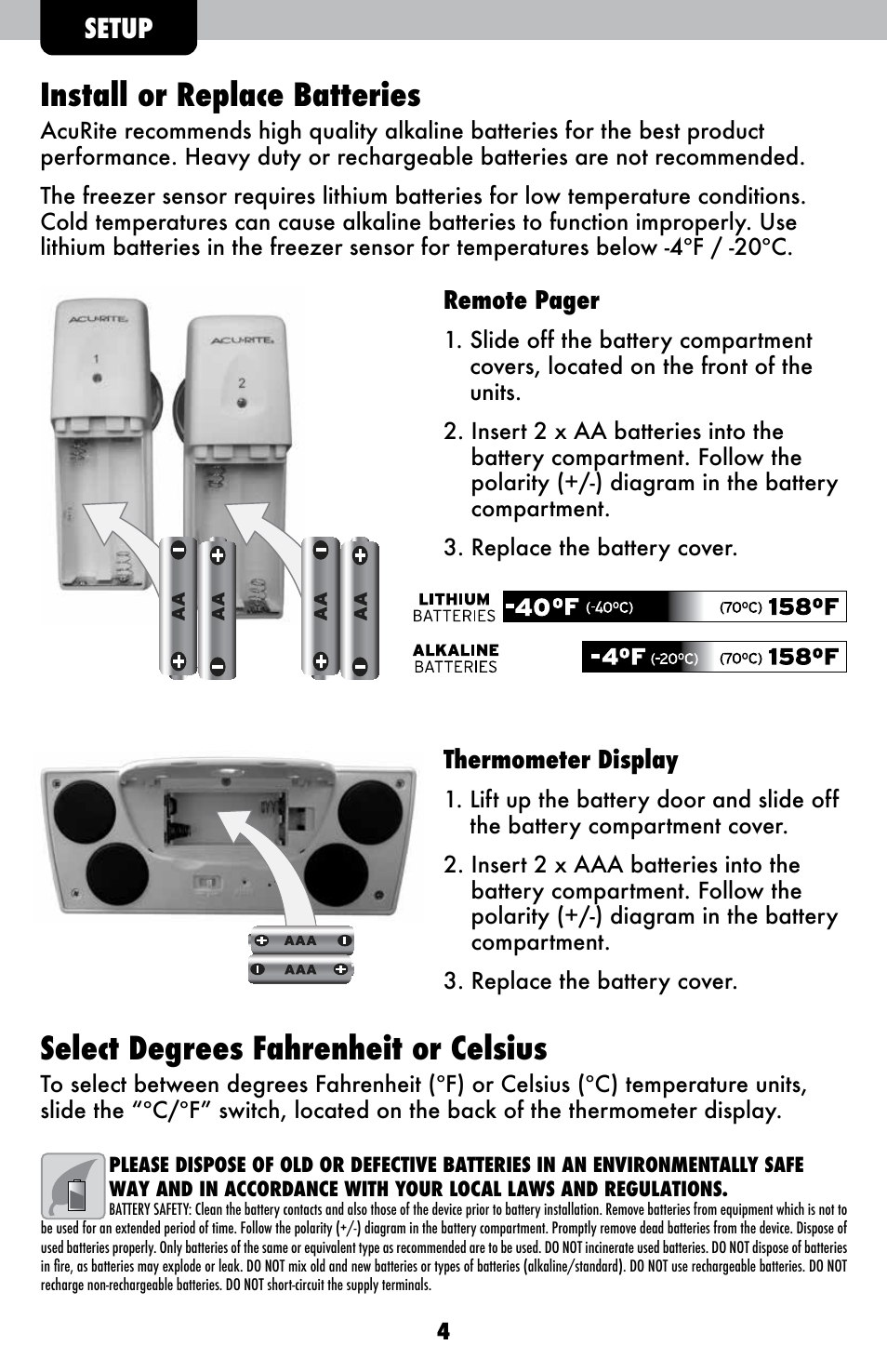 Install or replace batteries, Select degrees fahrenheit or celsius, Setup | AcuRite 00986 Thermometer User Manual | Page 4 / 10