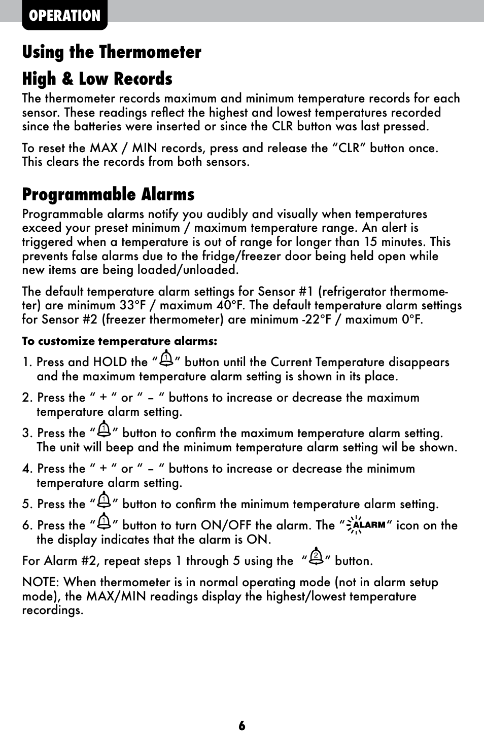 Using the thermometer high & low records, Programmable alarms | AcuRite 00986 Thermometer User Manual | Page 6 / 10