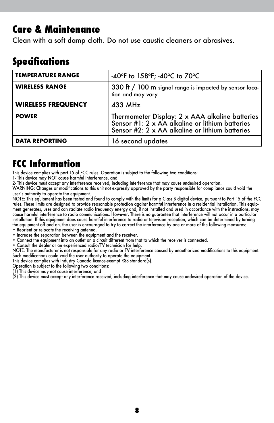 Care & maintenance, Specifications, Fcc information | AcuRite 00986 Thermometer User Manual | Page 8 / 10