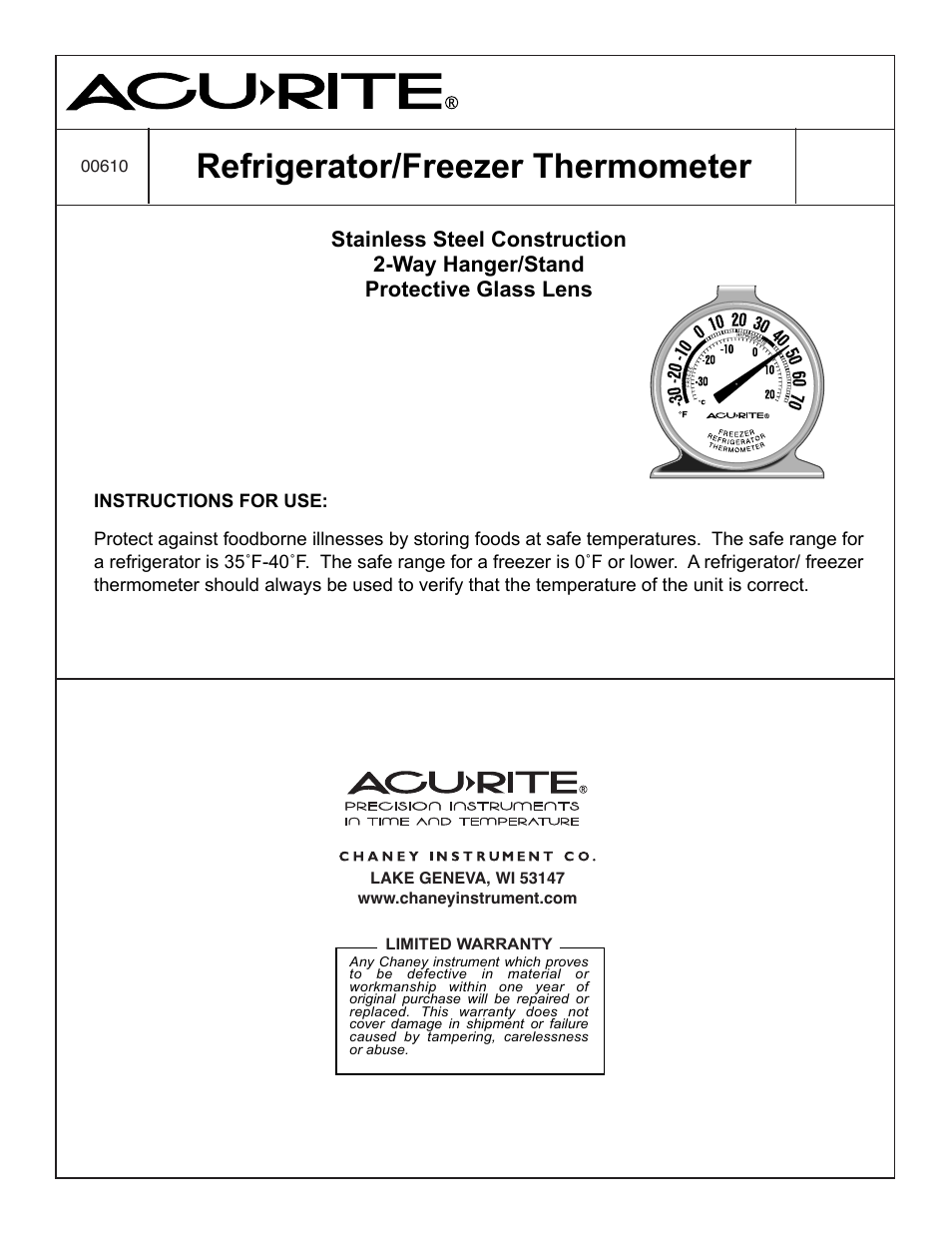 AcuRite 00610 Thermometer User Manual | 1 page