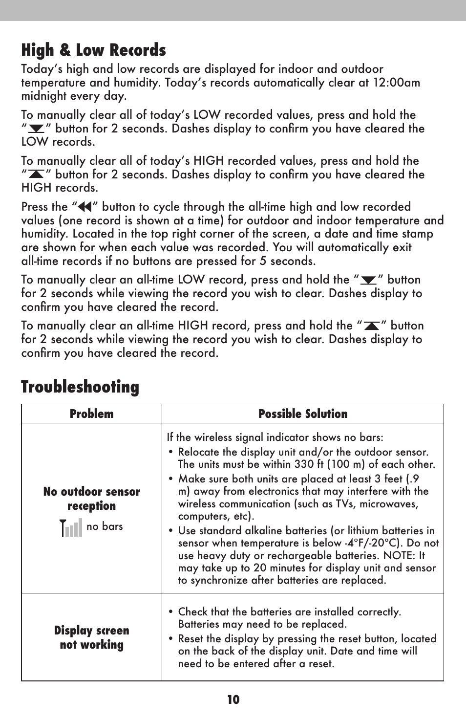 High & low records, Troubleshooting | AcuRite 02038W Weather Station User Manual | Page 10 / 16