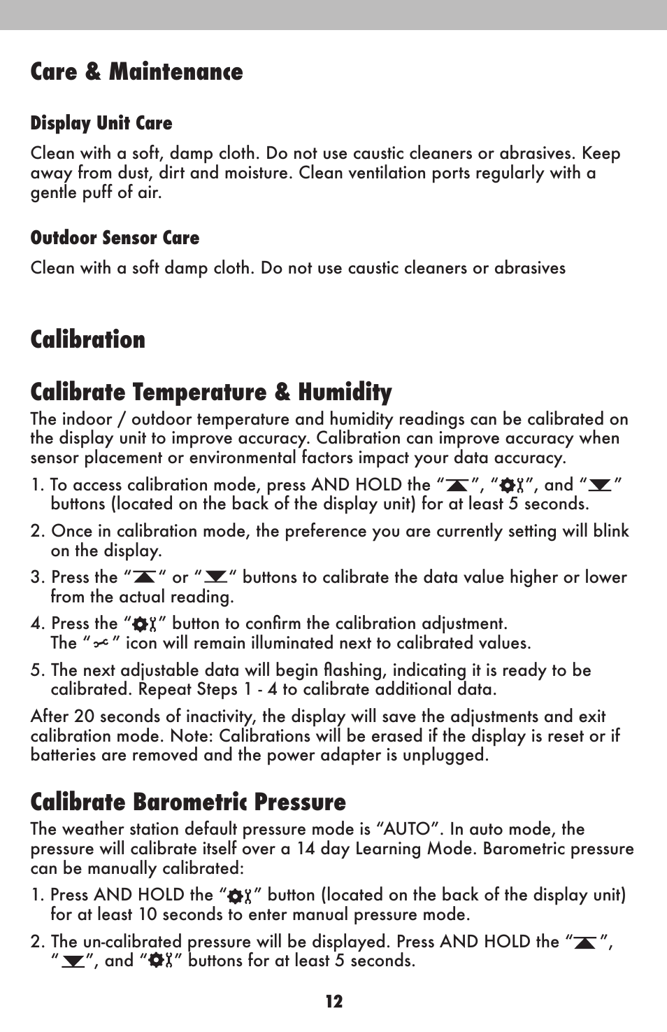 Care & maintenance, Calibration calibrate temperature & humidity, Calibrate barometric pressure | AcuRite 02038W Weather Station User Manual | Page 12 / 16