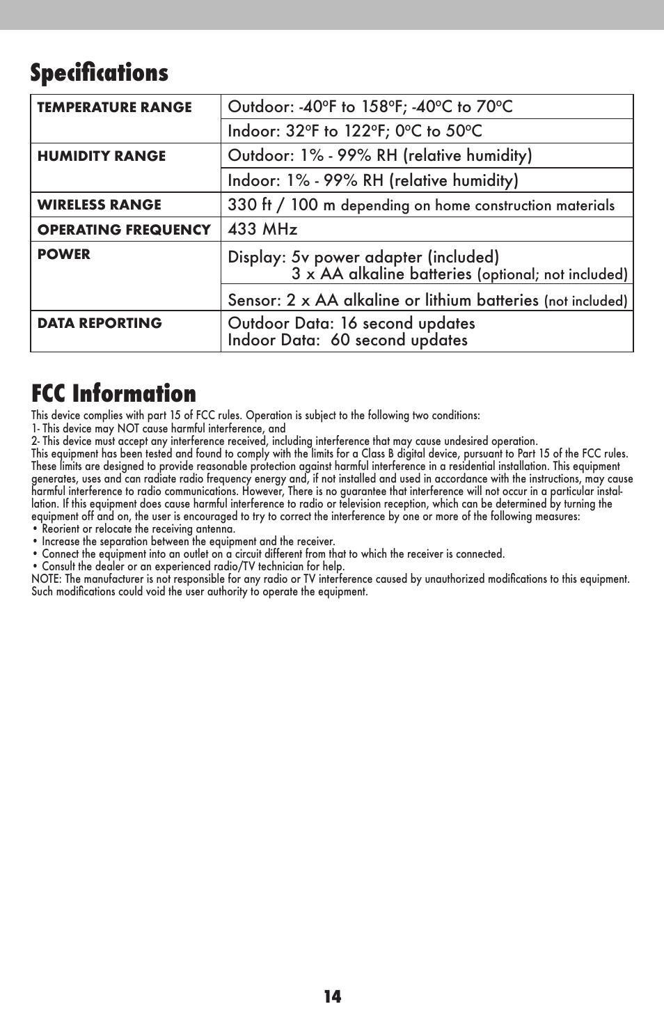 Fcc information, Specifications | AcuRite 02038W Weather Station User Manual | Page 14 / 16