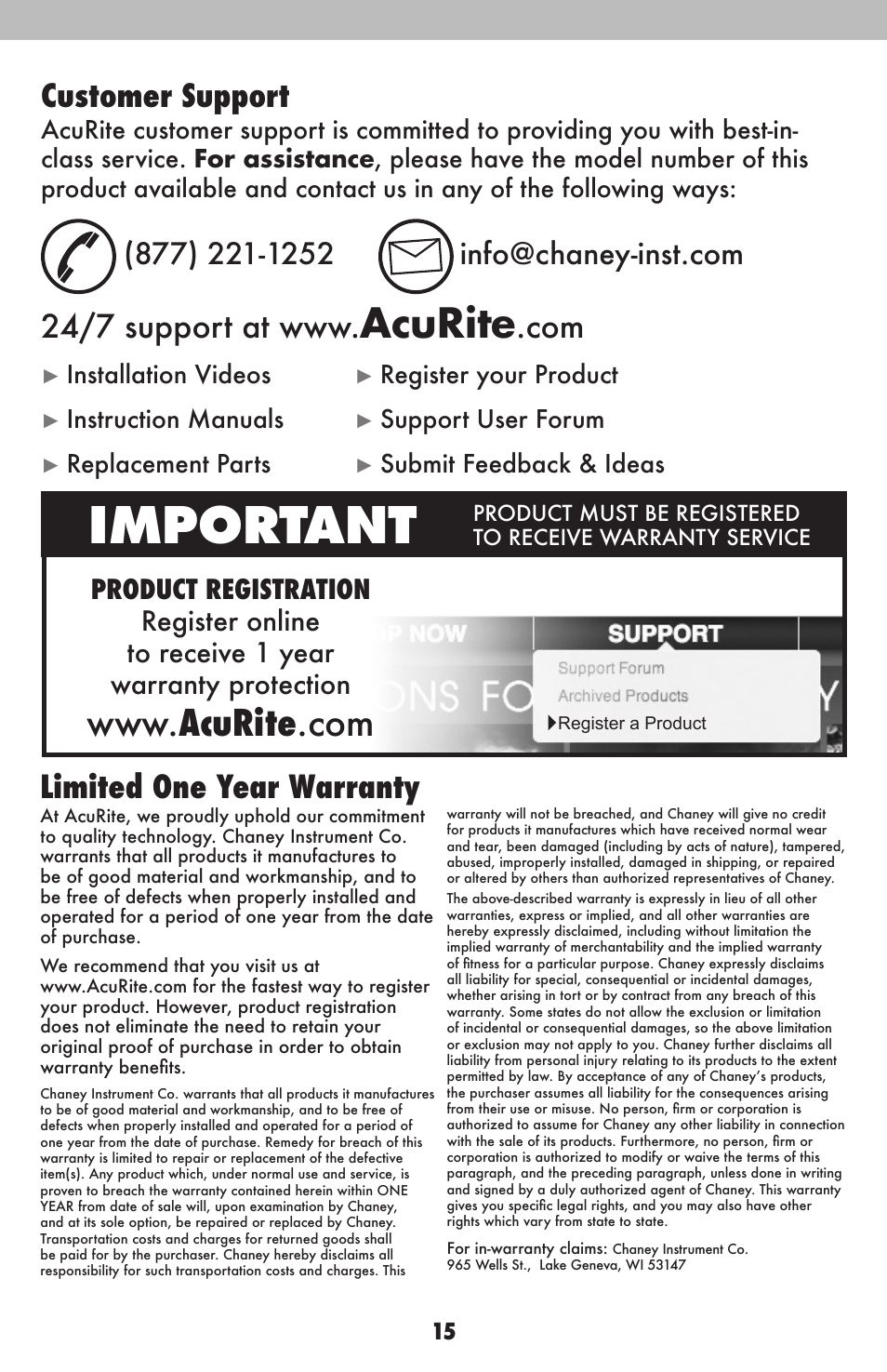 Important, Acurite, Limited one year warranty | Customer support, Installation videos, Register your product, Instruction manuals, Support user forum, Replacement parts, Submit feedback & ideas | AcuRite 02038W Weather Station User Manual | Page 15 / 16