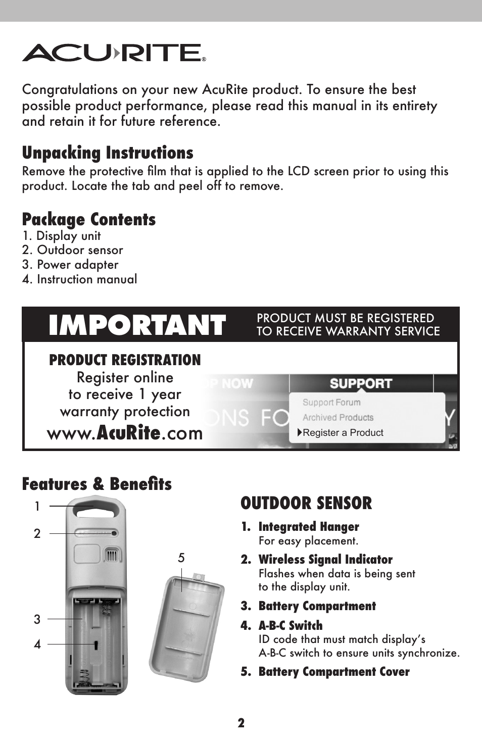 Important, Unpacking instructions, Package contents | Features & benefits, Outdoor sensor | AcuRite 02038W Weather Station User Manual | Page 2 / 16